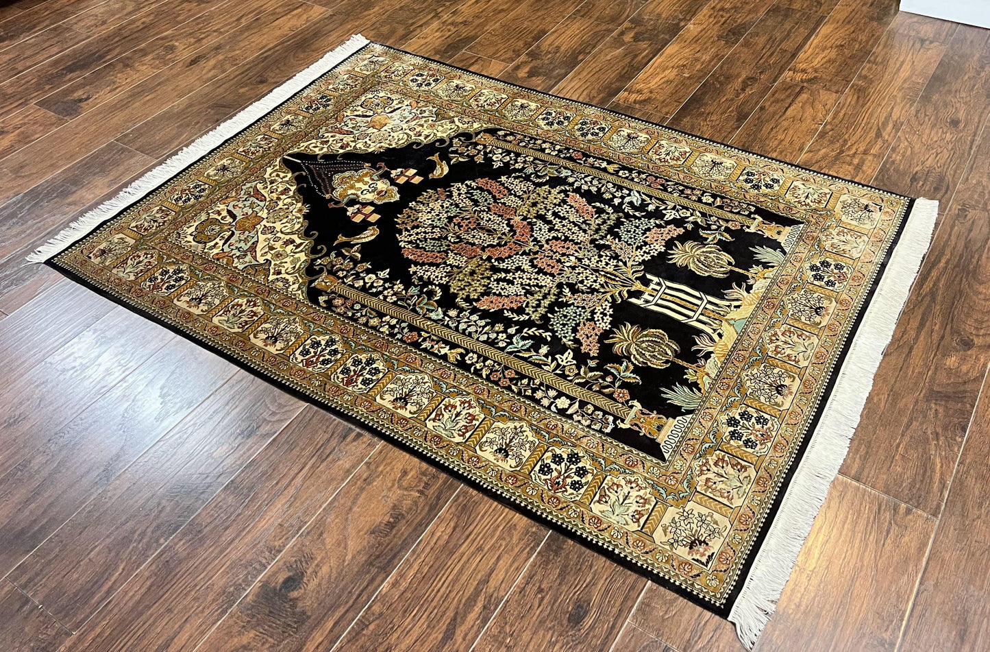 Wonderful Sino Persian Silk Rug 4x6, Tree of LIfe Design, Masterpiece 575 KPSI, Birds, Prayer Rug, Black, Silk on Silk