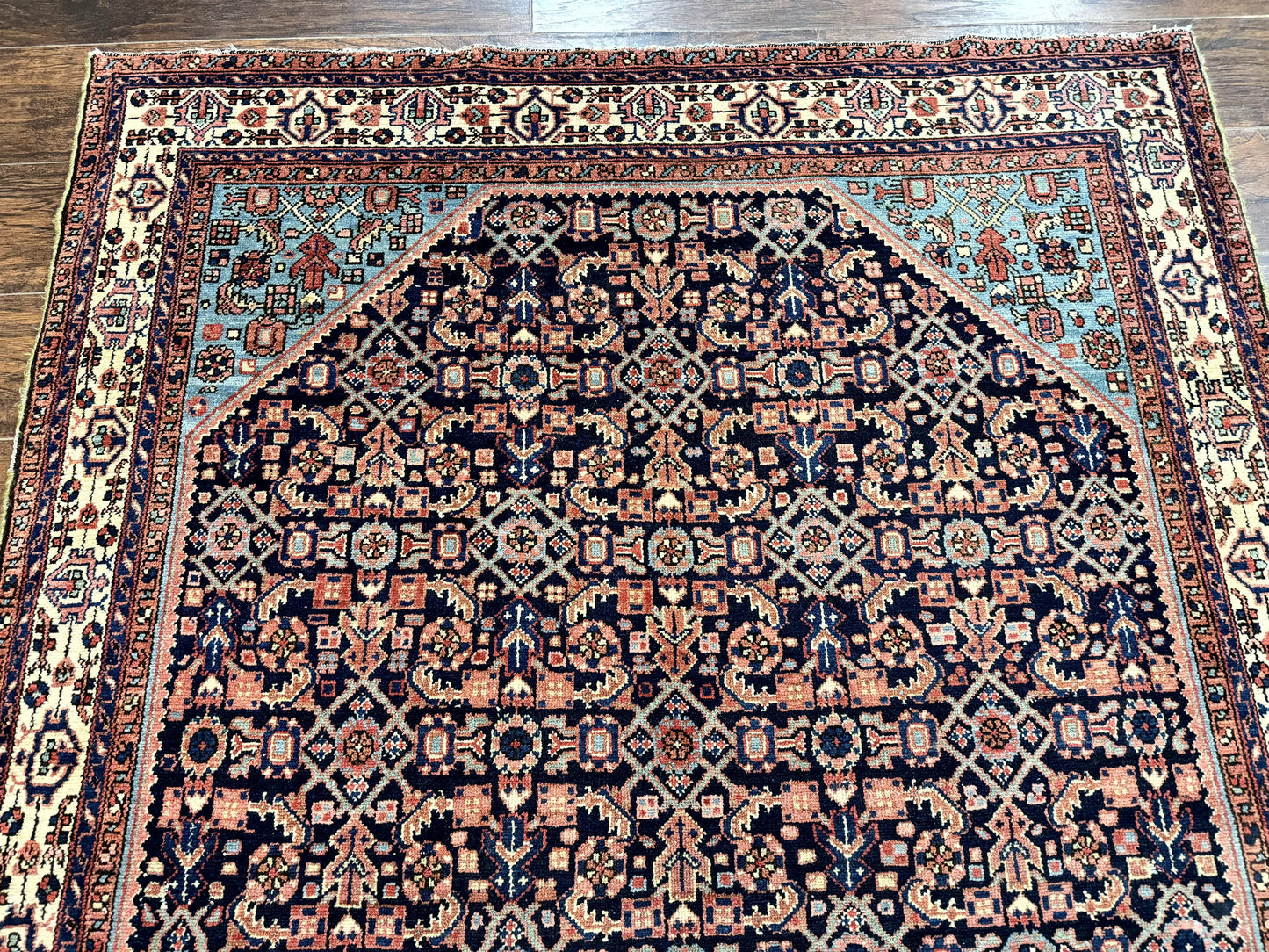Antique Persian Rug 5 x 6.7, Navy Blue & Ivory, Handmade Persian Wool Carpet, Hamadan Angelas Rug