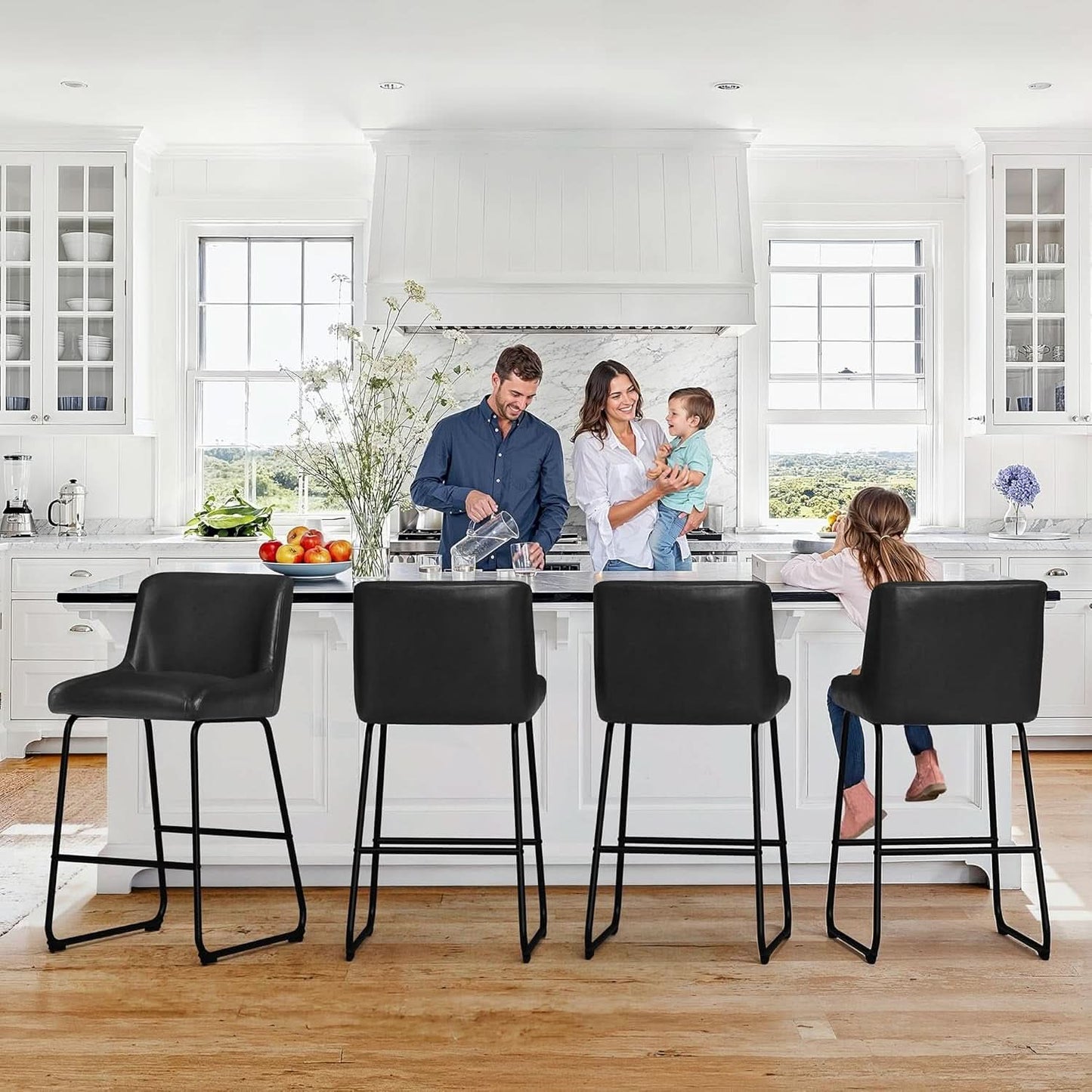 26 Inch Faux Leather Bar Stools Set Of 3 Counter Height With Back Modern Kitchen Island Chairs