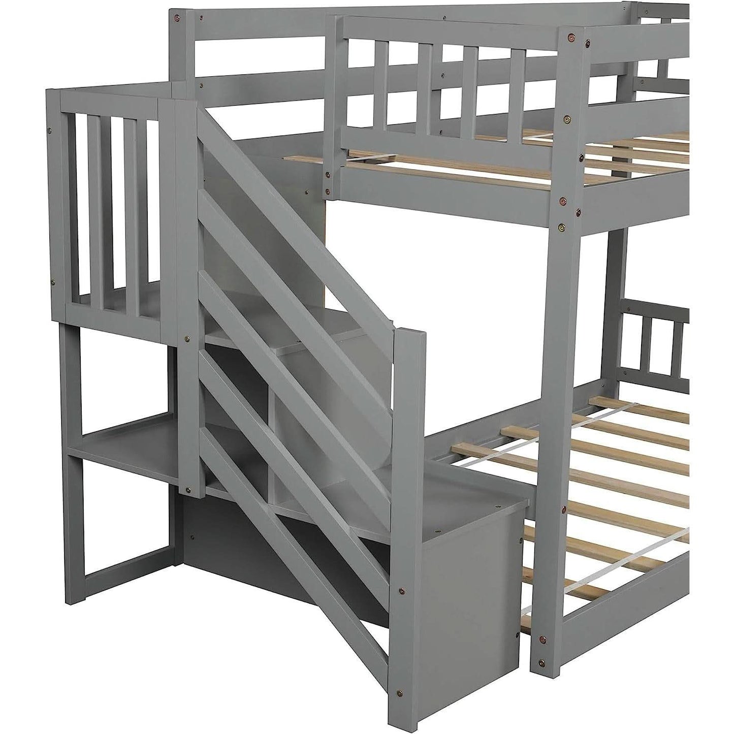 Twin Over Twin Low Bunk Bed With Storage Stairs Grey Wood