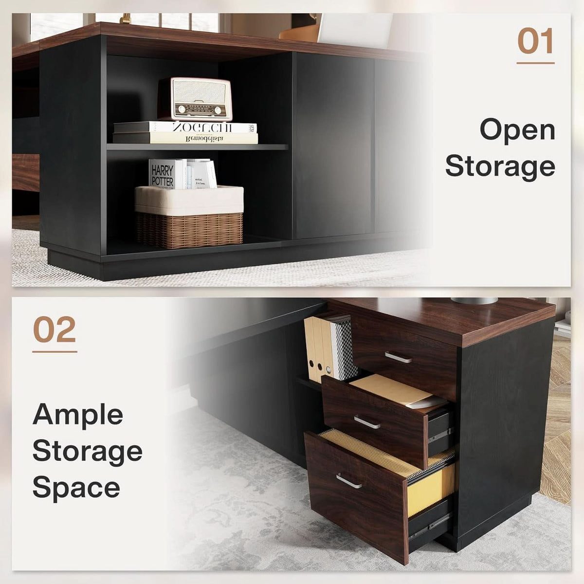 78 Inch L Shaped Executive Desk Walnut Black For Home Office