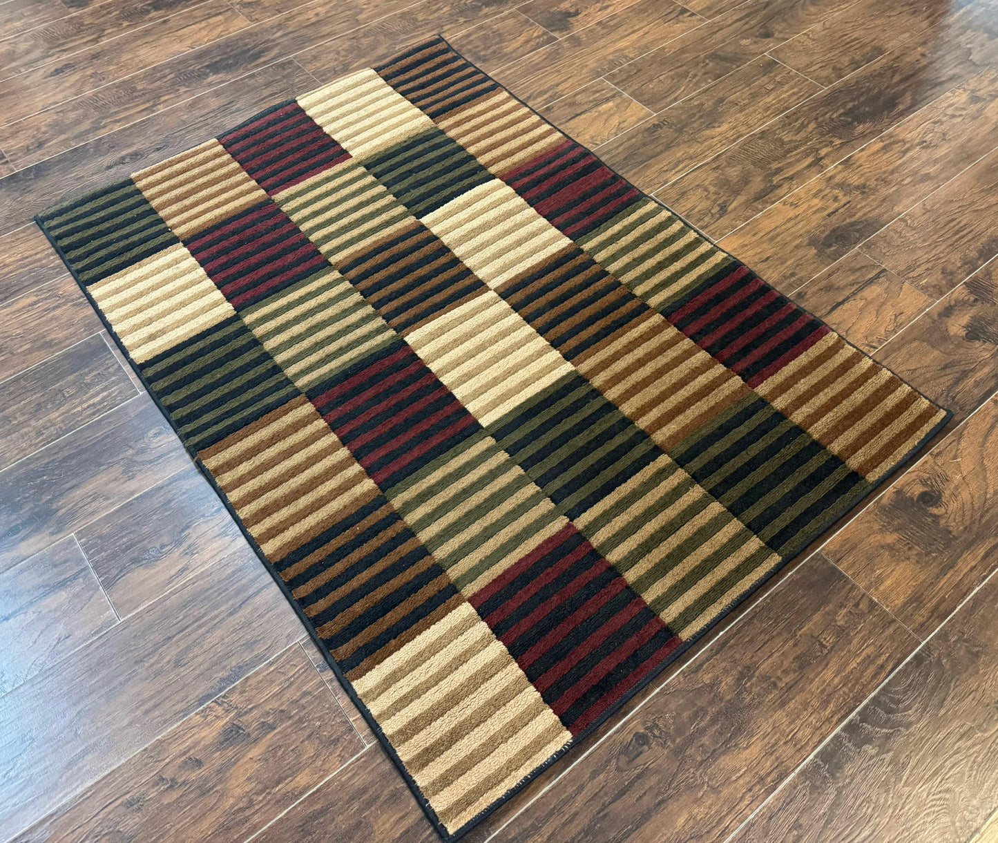 Vintage Power Loomed Rug 3.6 x 5, Brown Beige Black Tan, Box Design