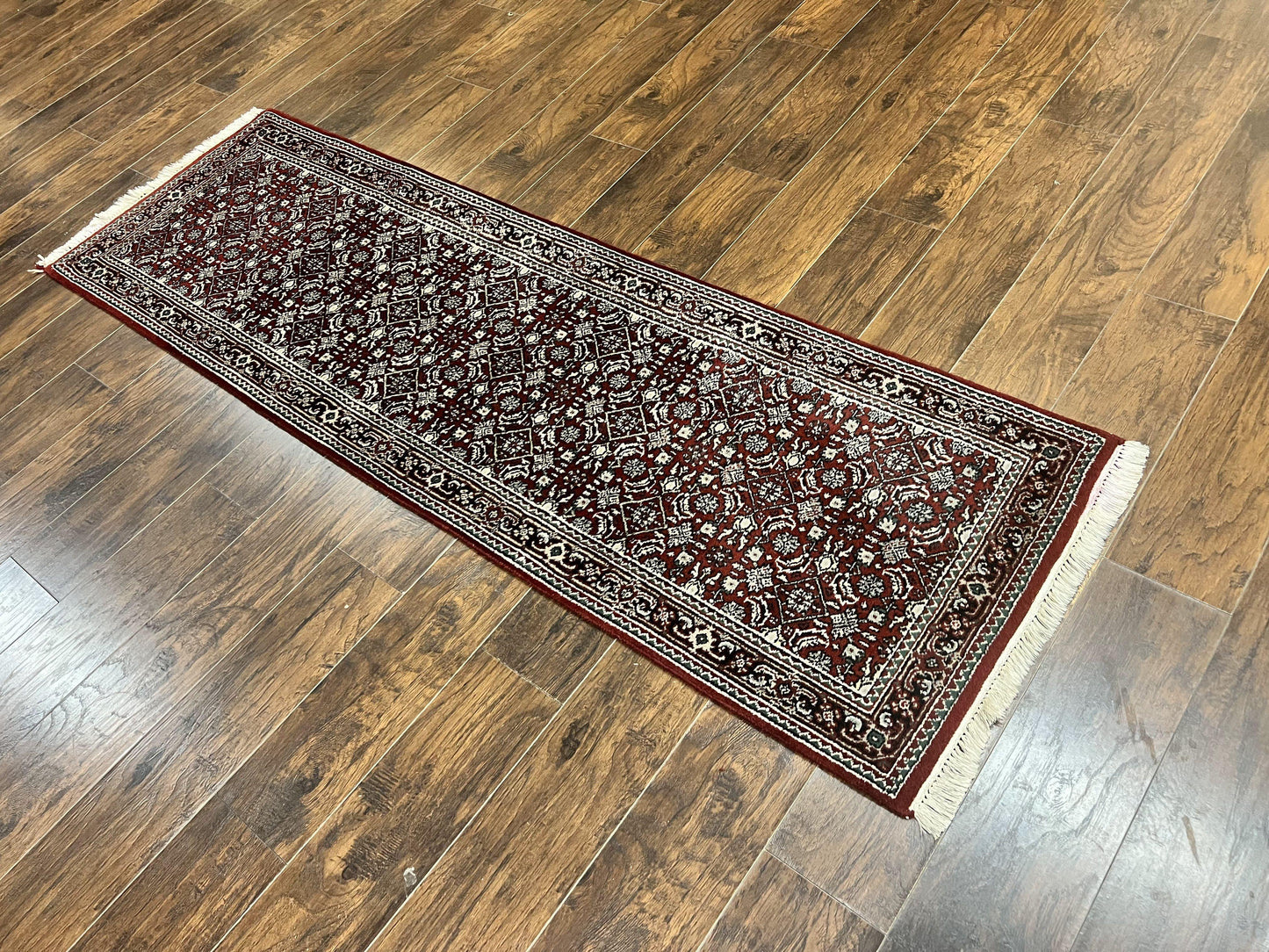 Indo Persian Runner Rug 2.7 x 8, Wool Hand Knotted Vintage Carpet, Red Black, Herati Allover Pattern, Oriental Runner, Rug for Hallway