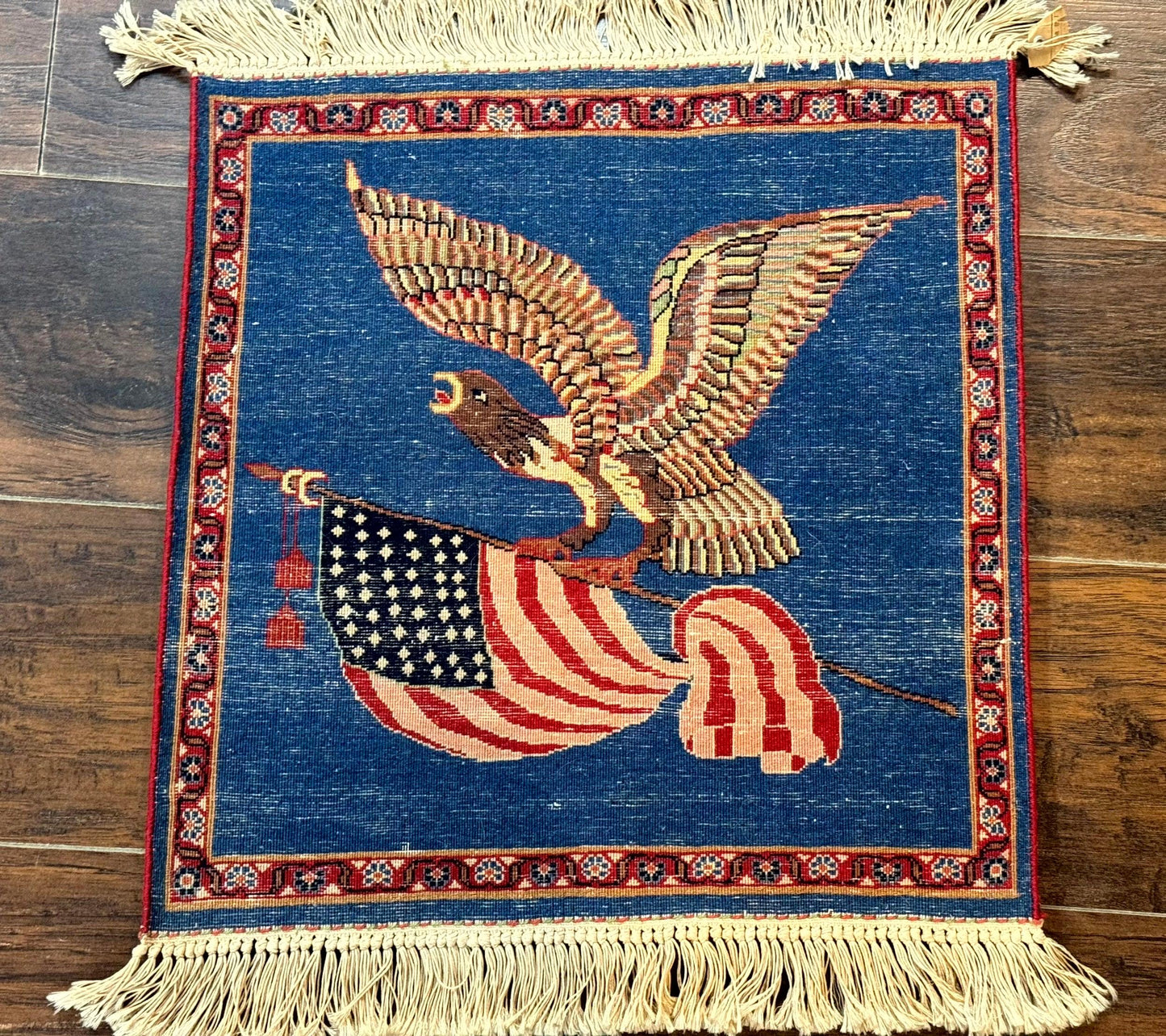 Pictorial Rug of American Flag with Bald Eagle, Small Indo Persian Pictorial Rug, Blue, Handmade, Very Fine 330 KPSI