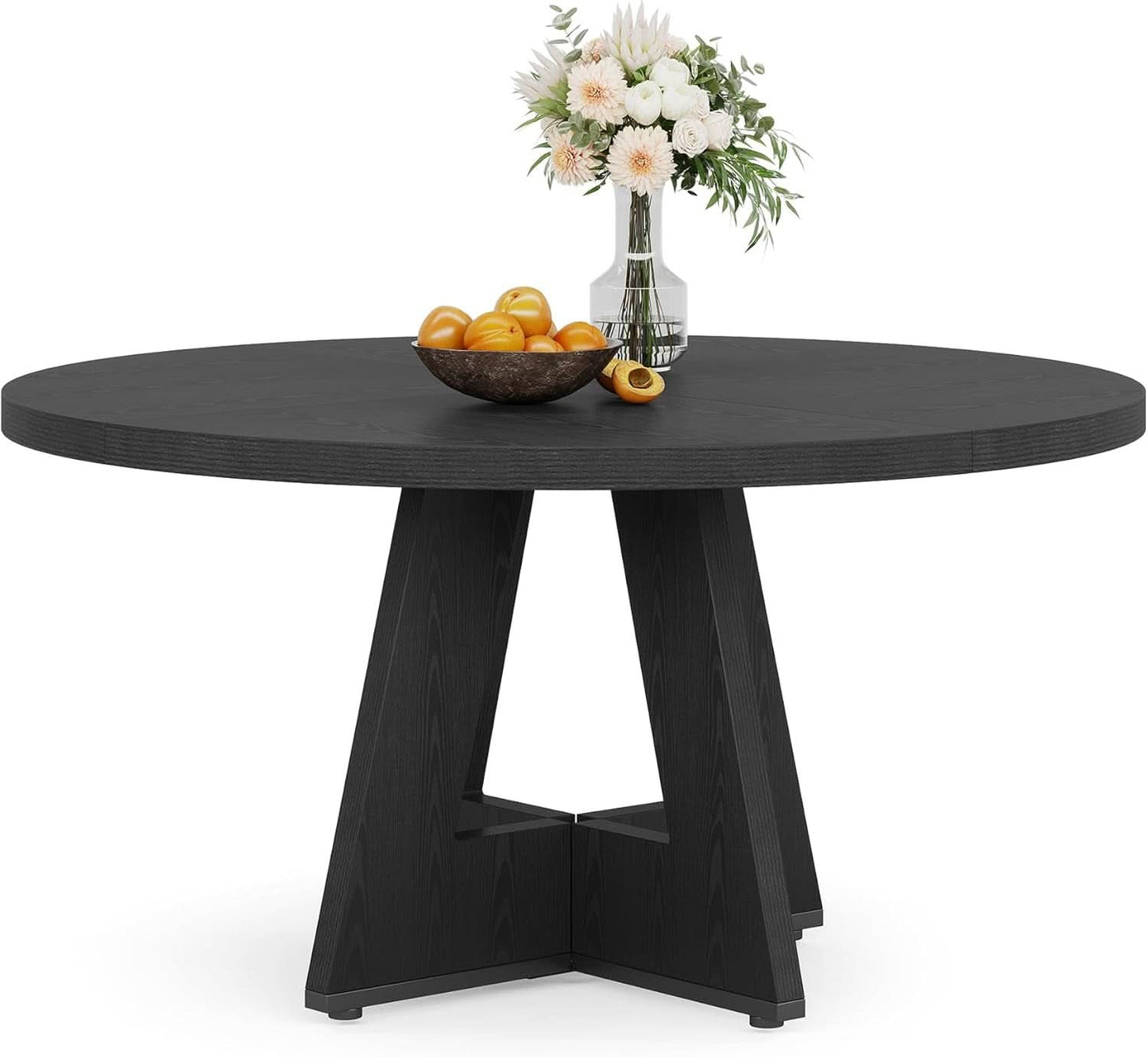 Round Wood Dining Table Farmhouse 47 Inch For Dining Room With Cross Base Black