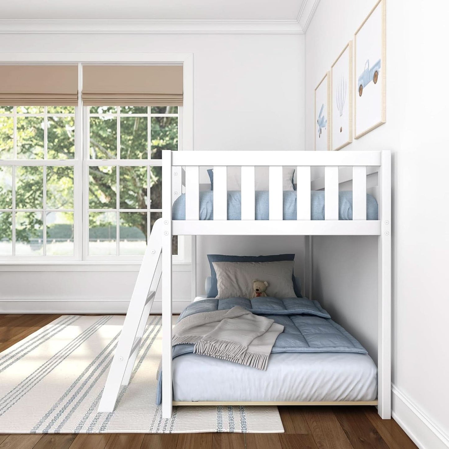 White Twin Low Bunk Bed Solid Wood Frame For Kids Safe