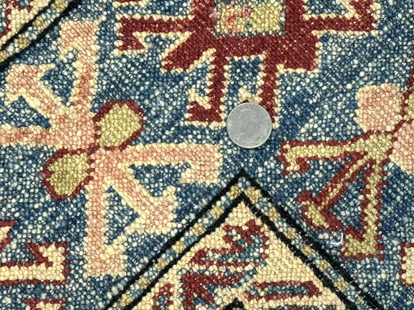 Turkish Kazak Rug 4x6, Handmade Vintage Wool Carpet, Geometric Design, Red and Light Blue