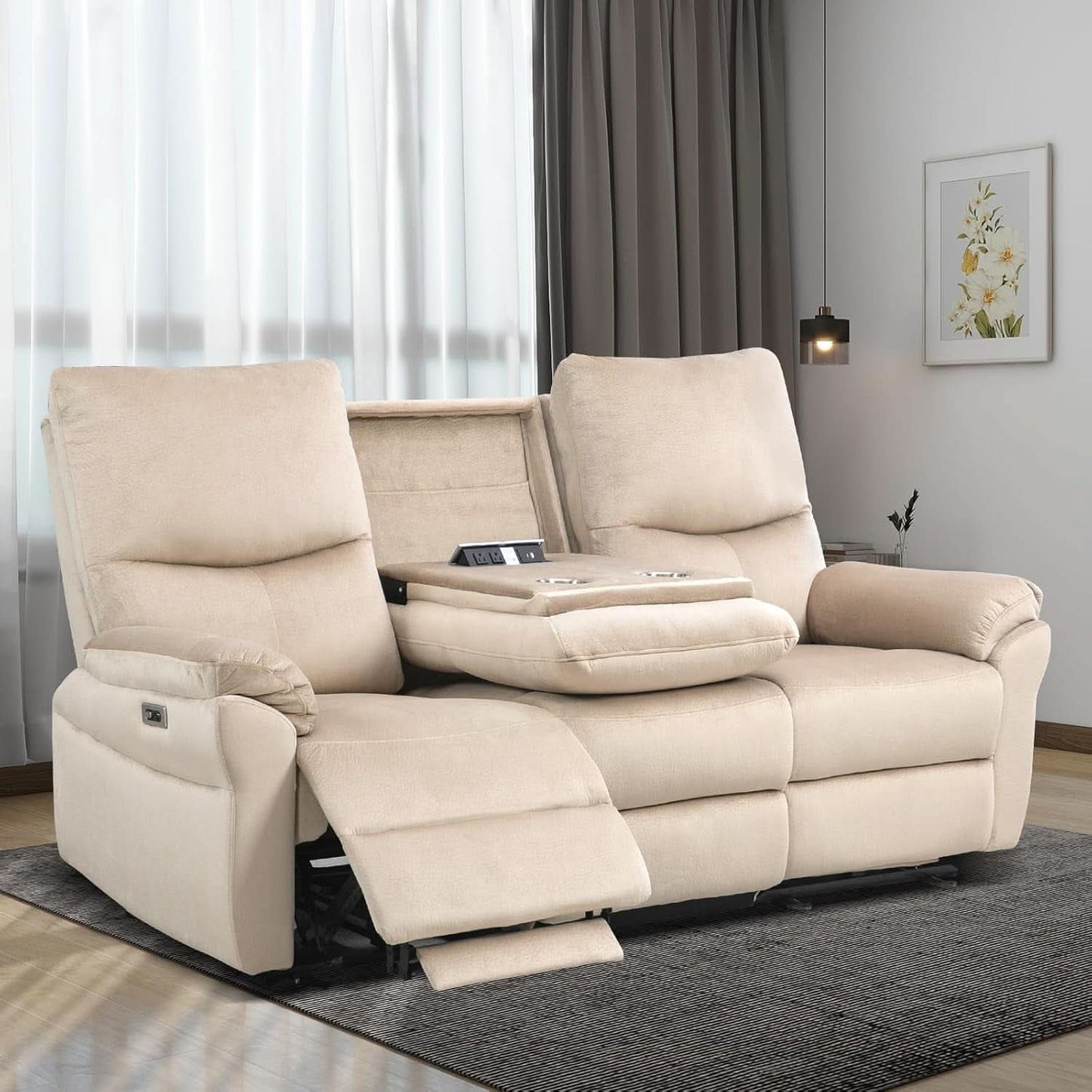 Beige Power Reclining Sofa For Living Room Comfort