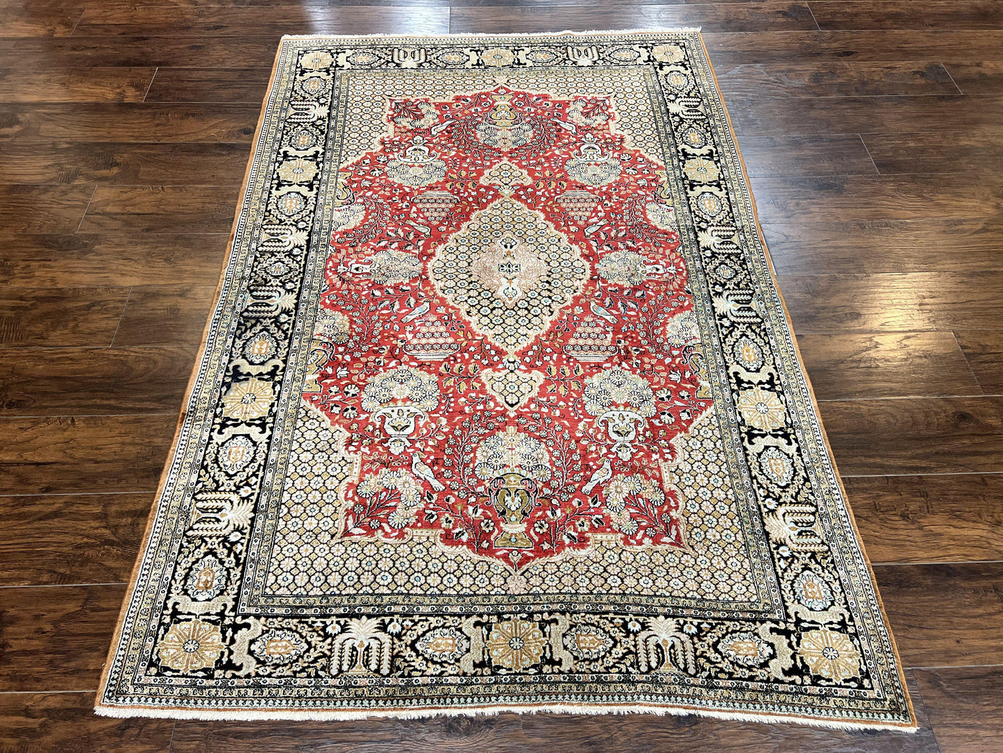 Wonderful Persian Silk Rug 5x7, Birds Floral Vases, Red, Hand Knotted Silk Fine Oriental Carpet, Handmade Vintage, Persian Qum Rug, 400 KPSI