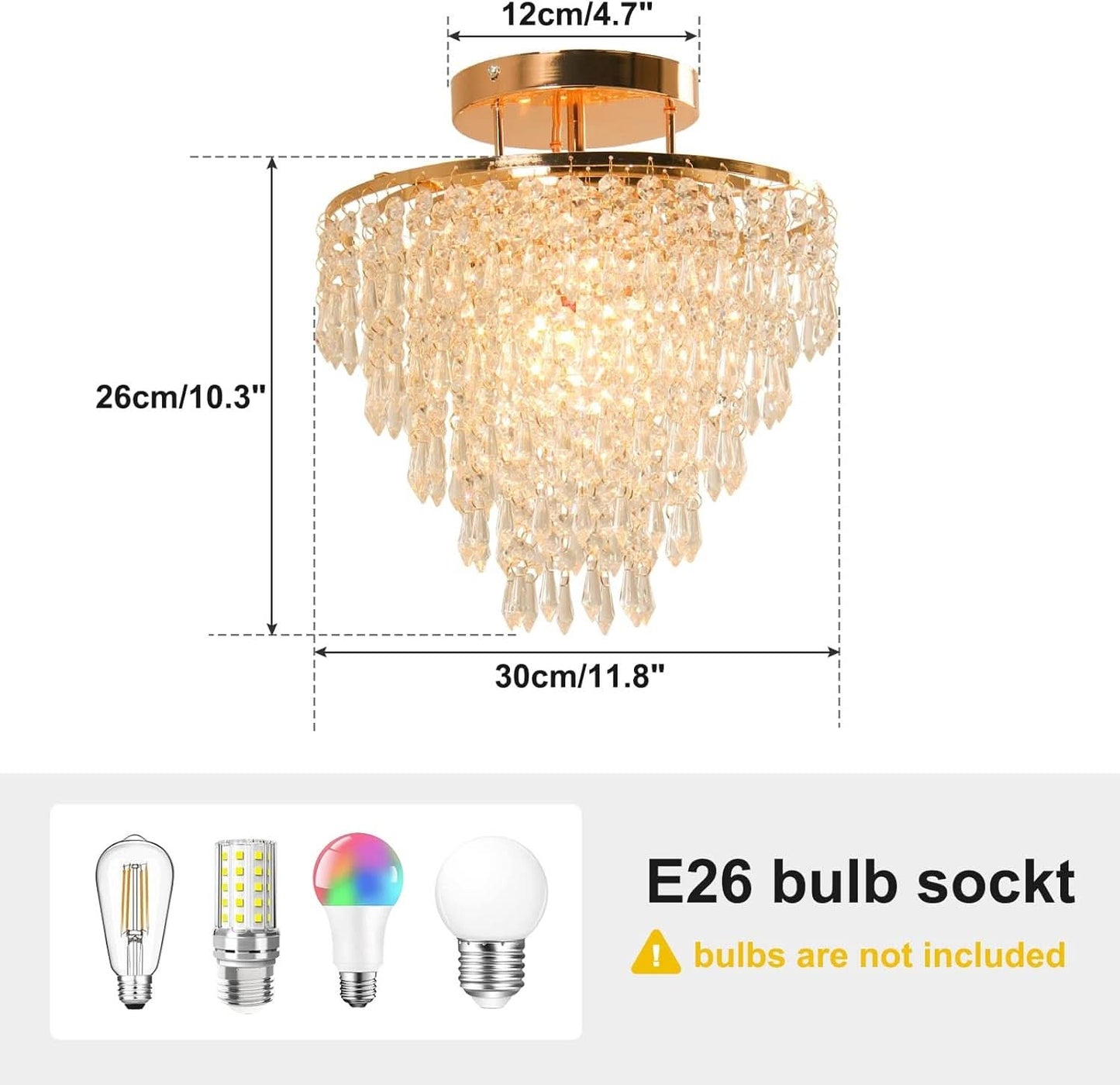 Gold Crystal Flush Mount Chandelier 30cm Ceiling Light
