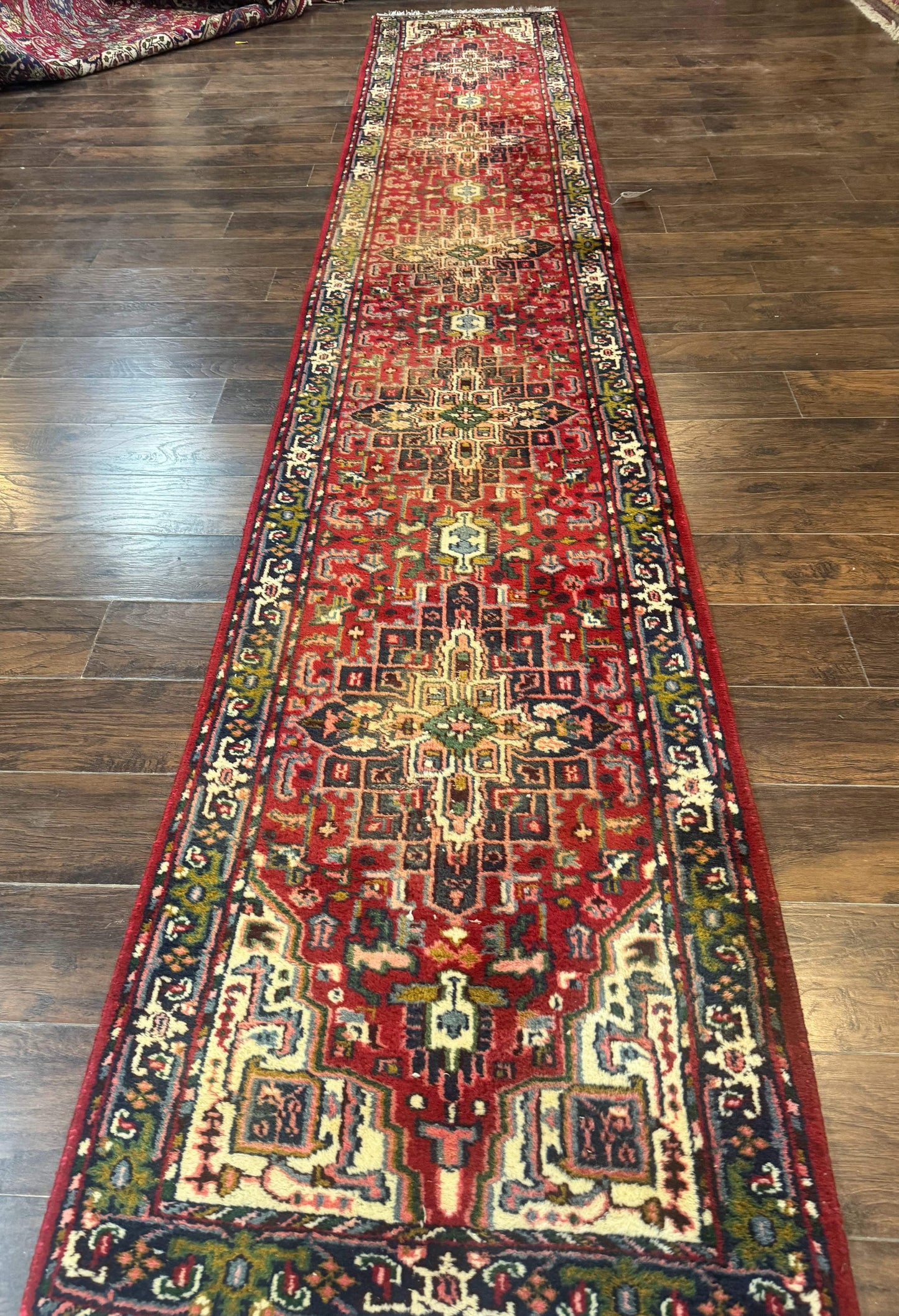 Indo Persian Heriz Runner Rug 3 x 17, Geometric Long Runner Carpet for Hallway, Medallions, Wool Runner Rug 3x17