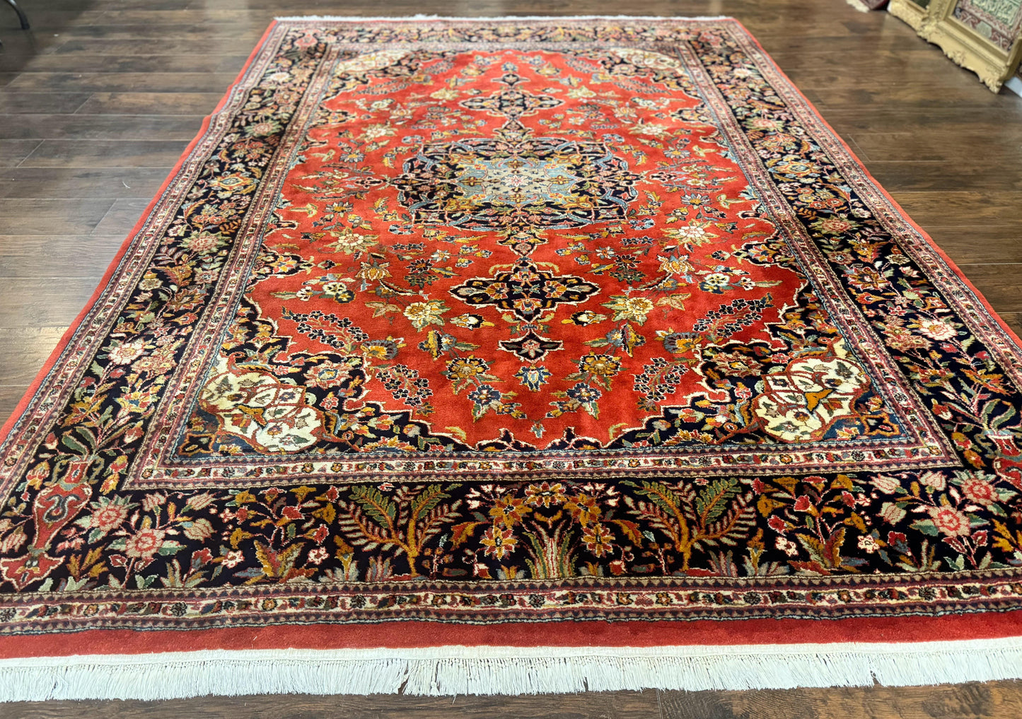 Indo Persian Rug 7x10, Vintage Handmade Wool Carpet, Floral Medallion Traditional Rug, Red and Midnight Blue