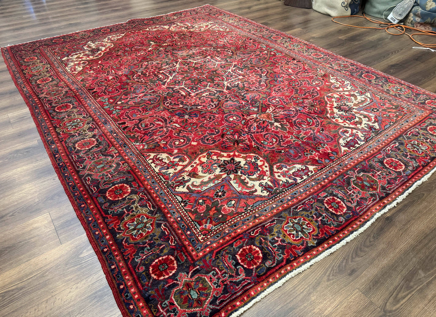 Persian Heriz Rug 7x10, Red and Navy, Geometric Medallion, Vintage Wool Carpet