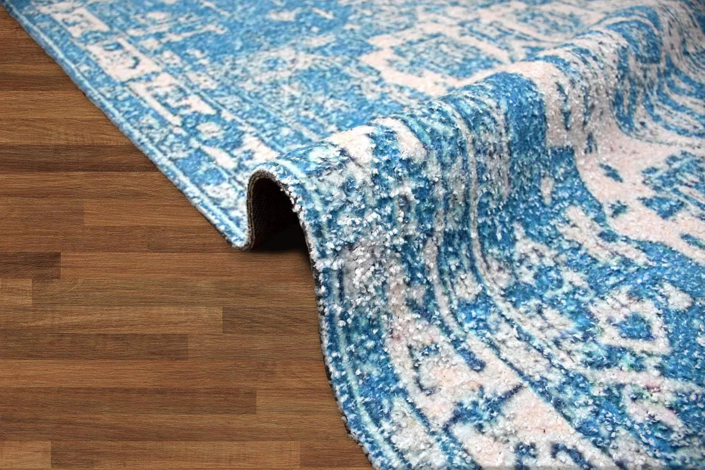 Multi Sizes Handmade Micro Printed Polyester Traditional Oriental Area Rug Blue, White Color