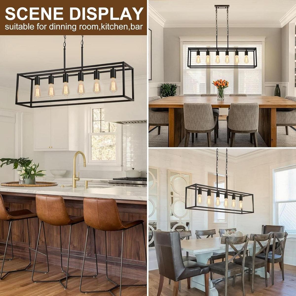 Six Light Black Linear Chandelier With Adjustable Height