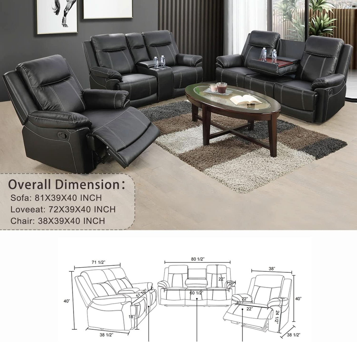 Manual Recliner Sofa Set Black Bonded Leather Cup Holders