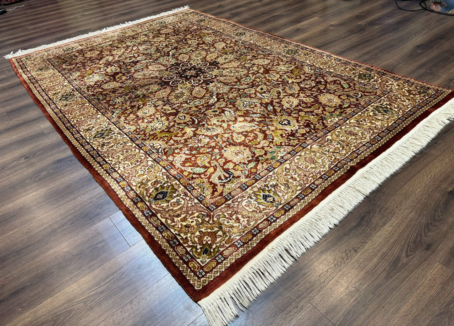 Tree of Life Indian Kashmiri Rug 6x9, Rust Red and Cream, Animal Pictorials, Fine 290 KPSI