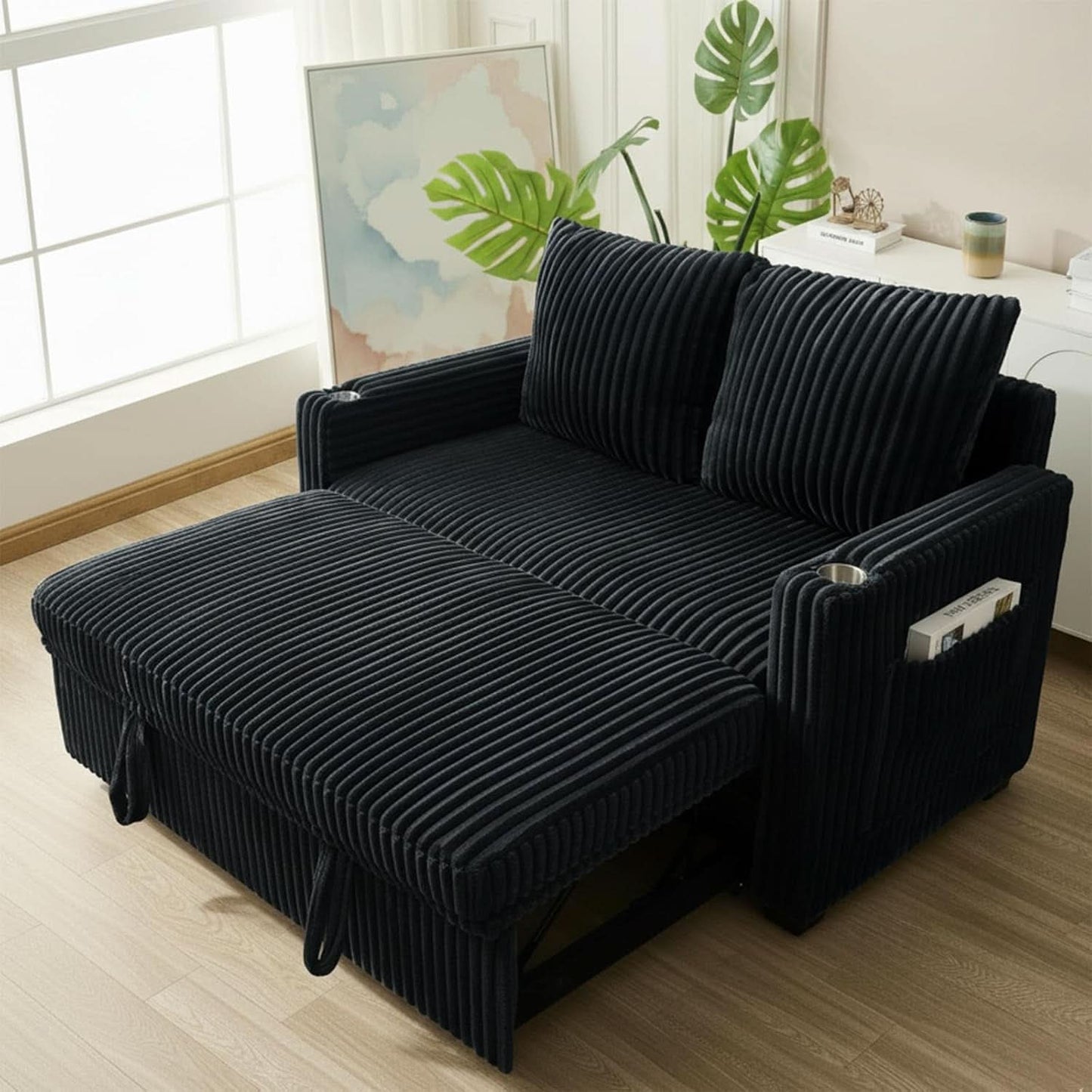 53 Inches Black Corduroy Fabric Sleeper Sofa USBPort