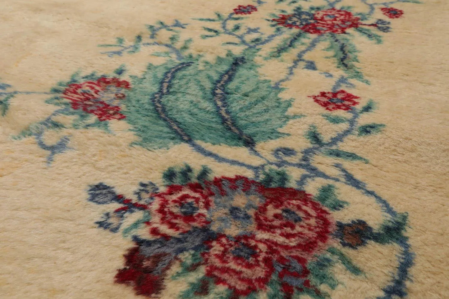 13'4''x16'2'' Hand Knotted 100% Wool Art Deco Traditional Oriental Area Rug Ivory, Turquoise Color