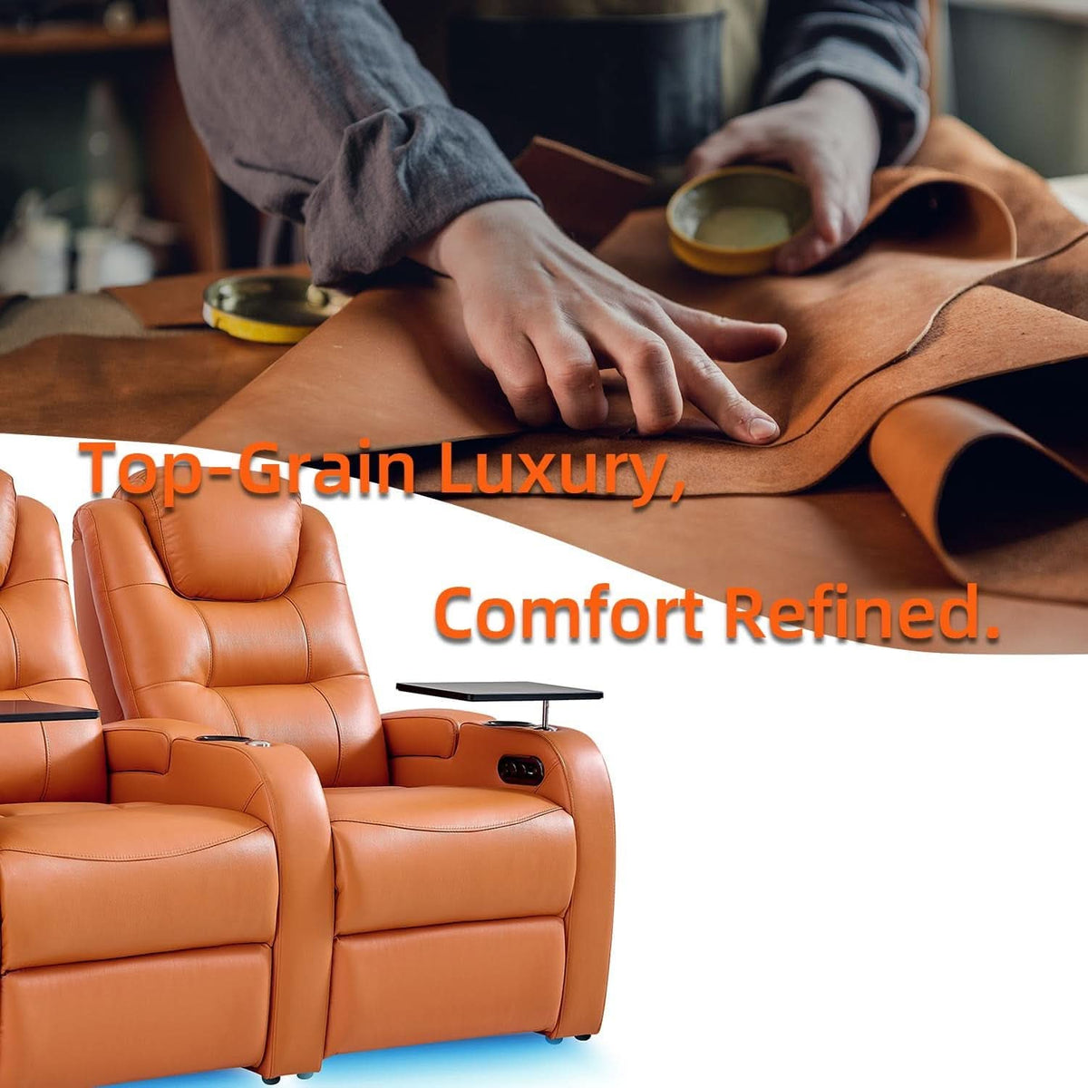 Orange Top Grain Leather Home Theater Seating Row Of Three USB Charger
