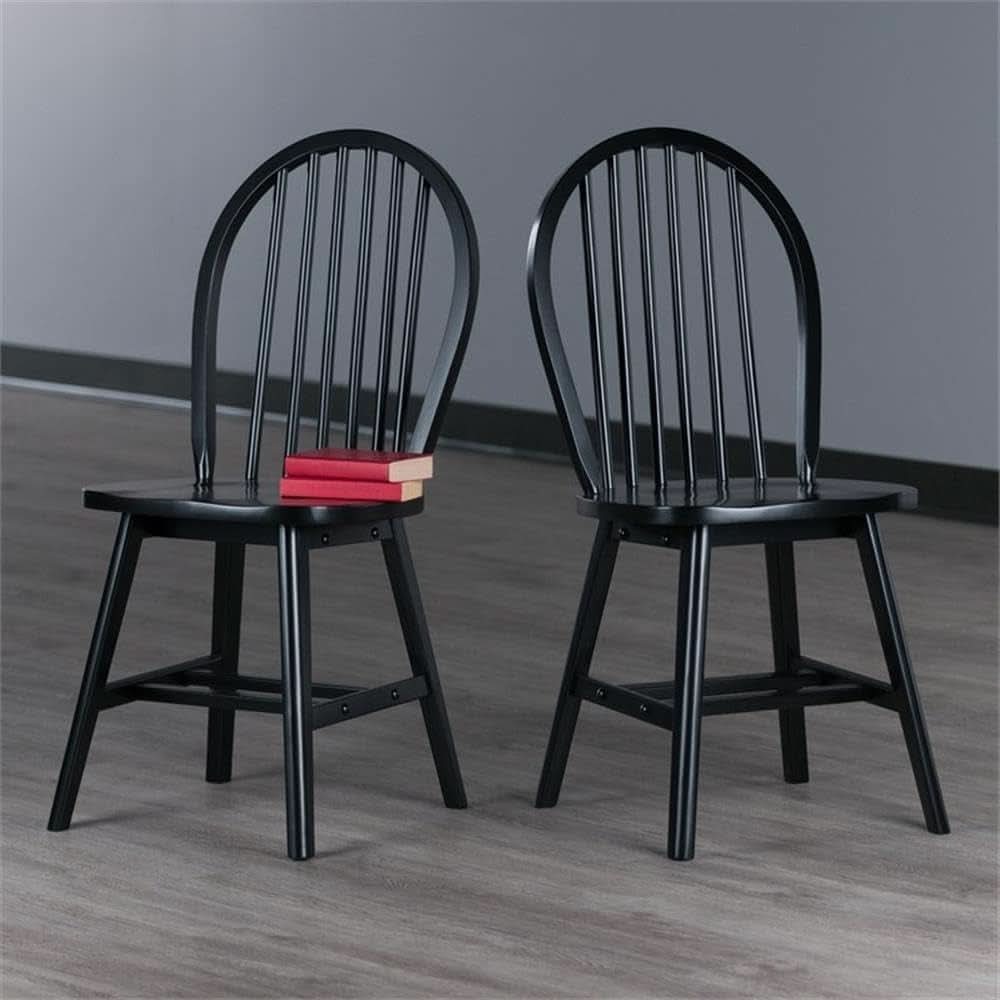 Windsor Dining Chair Set Solid Wood Black Finish 2 Pack