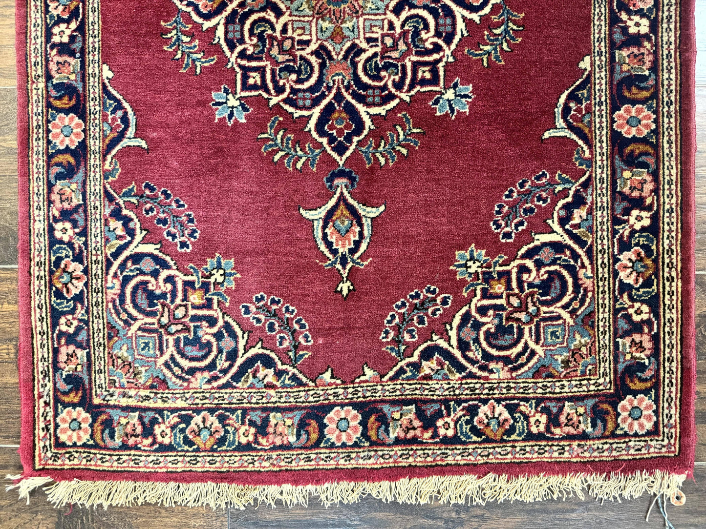 Small Persian Kashan Rug 2x3, Red and Navy Blue, Handmade Vintage Wool Semi Antique Persian Carpet, Semi Open Field