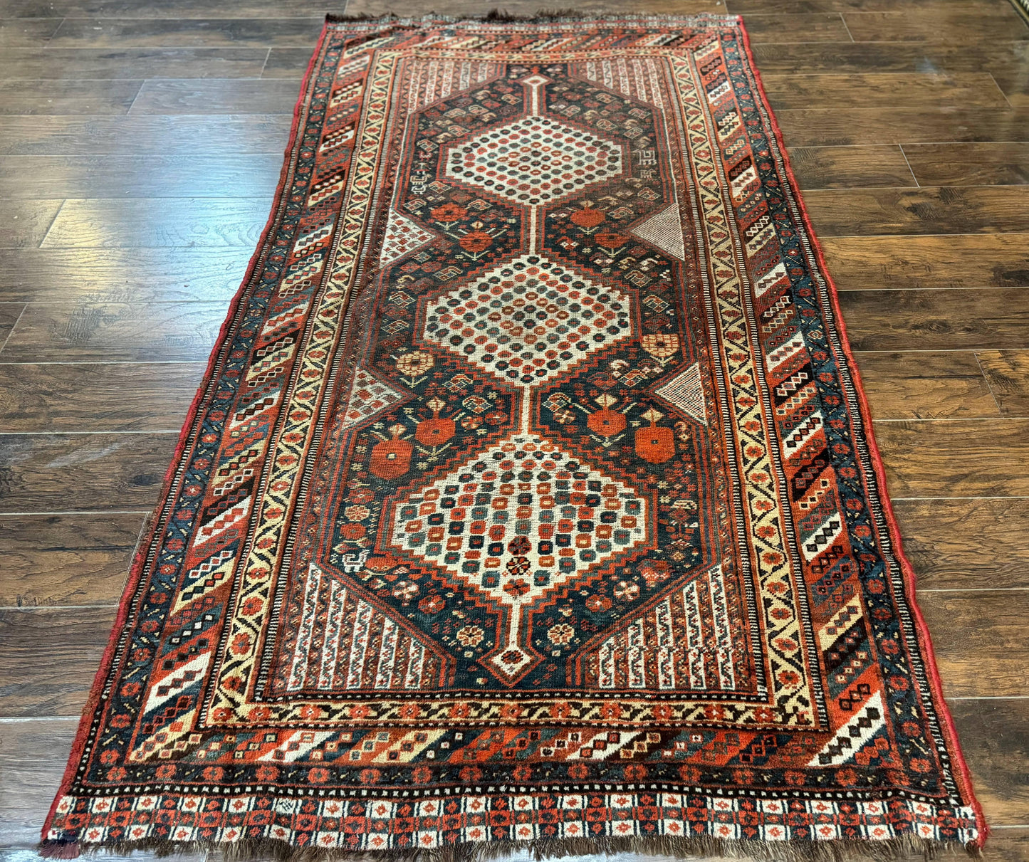 Antique Persian Shiraz Rug 5x8, Khamseh Tribal Wool 1920s Carpet, Navy Blue