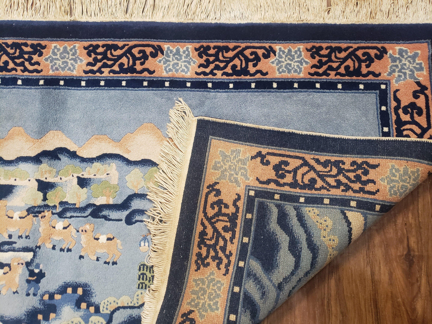 Vintage Chinese Pictorial Rug 2'4" x 4' 7", Chinese Village, Wool Hand-Knotted Blue & Teal Fine Carpet, Tapestry Rug, Woven Wall Art