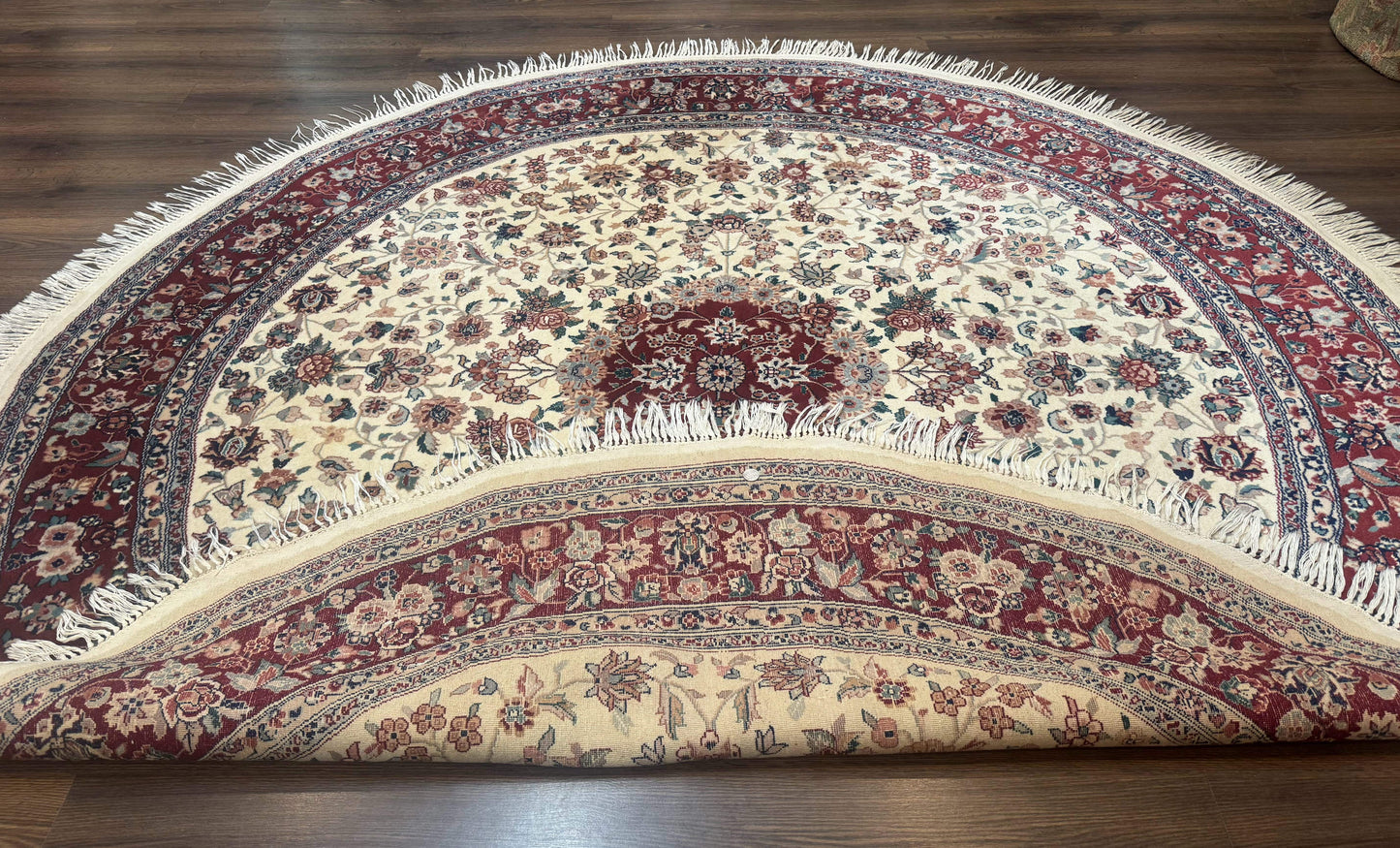 Round Sino Persian Rug 8x8, Wool and Silk, Floral Medallion, Ivory Dark Red