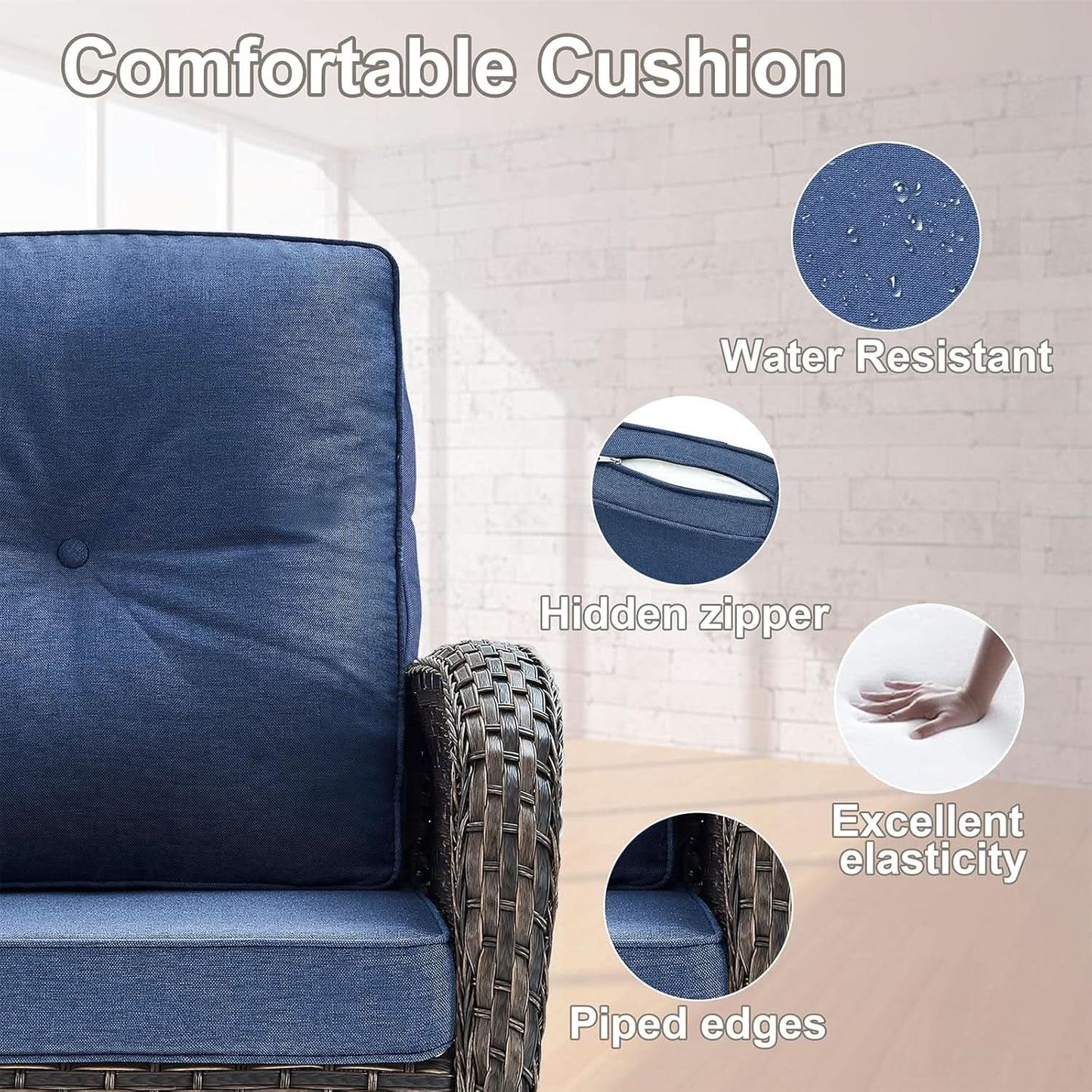 Patio Wicker Swivel Rocker Chairs Set Of 2 With Glass Top Side Table Brown Blue
