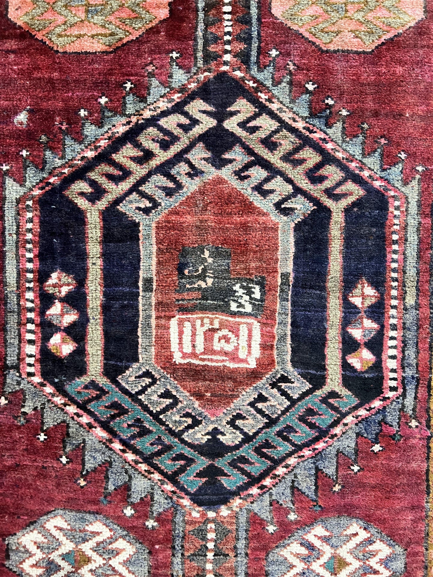 Persian Heriz Runner Rug 3.8 x 8.6, Geometric Design, Large Triple Medallions, Hand Knotted Handmade Vintage Wool Hallway Rug, Red