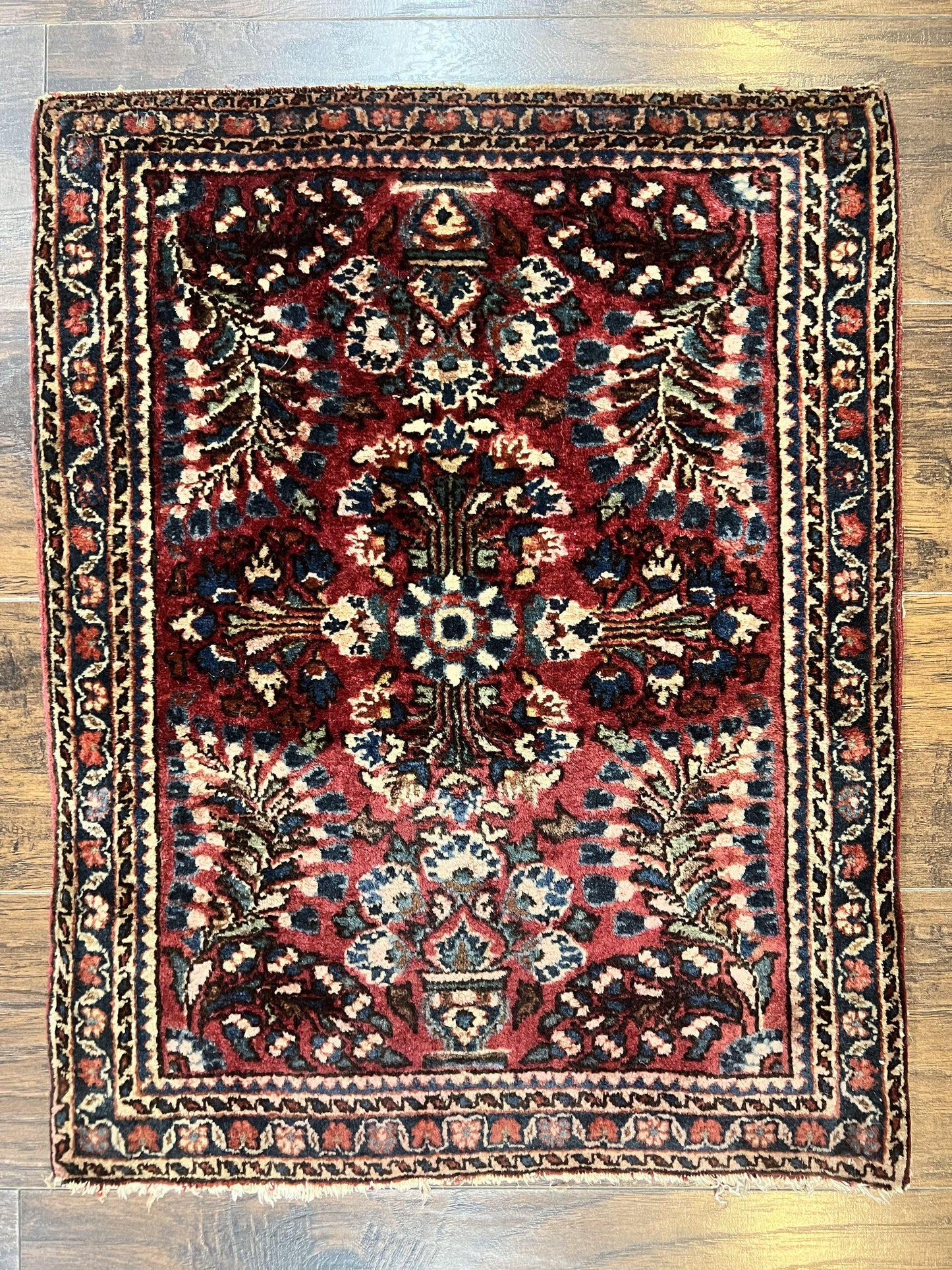 Antique Persian Sarouk Rug 2 x 2.5, Small Sarouk Carpet, Red Floral 1920s Red, Fine 170 KPSI, Wool Handmade Rug