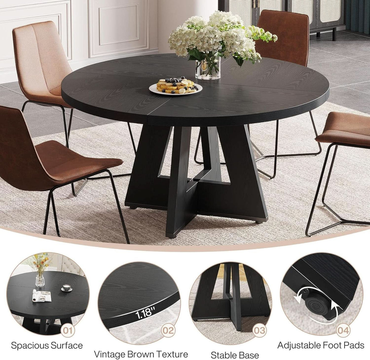 Farmhouse Round Dining Table 47 Inch Black For Four