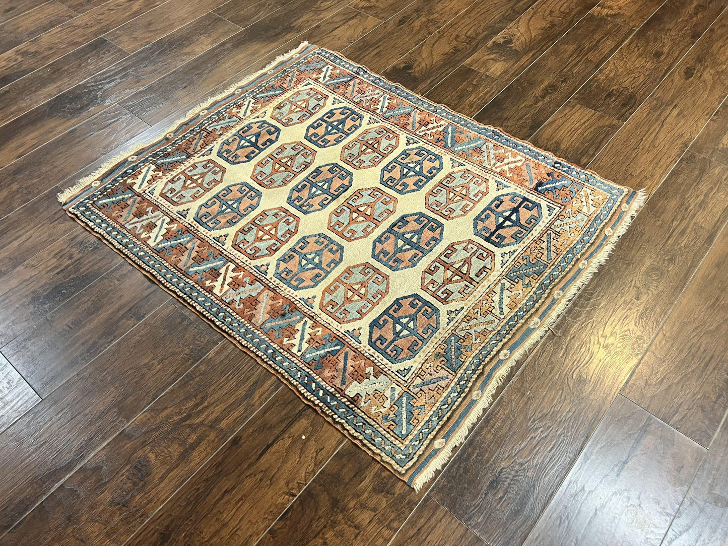 Turkish Kazak Rug 3x4, Wool Hand Knotted Handmade Vintage Carpet, Geometric Tribal Repeated Motif, Small 3 x 4 Antique Rug, Cream Red