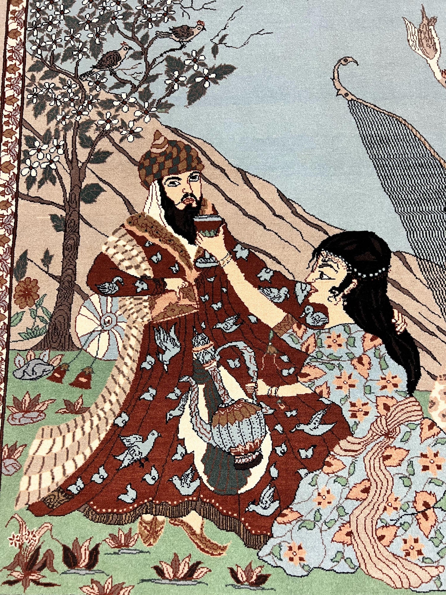 Indo Persian Pictorial Rug 4x7, Handmade Hand Knotted Wool Semi Antique Horizontal Carpet, Men & Women Drinking, Fine Rug, Bird Pictorials