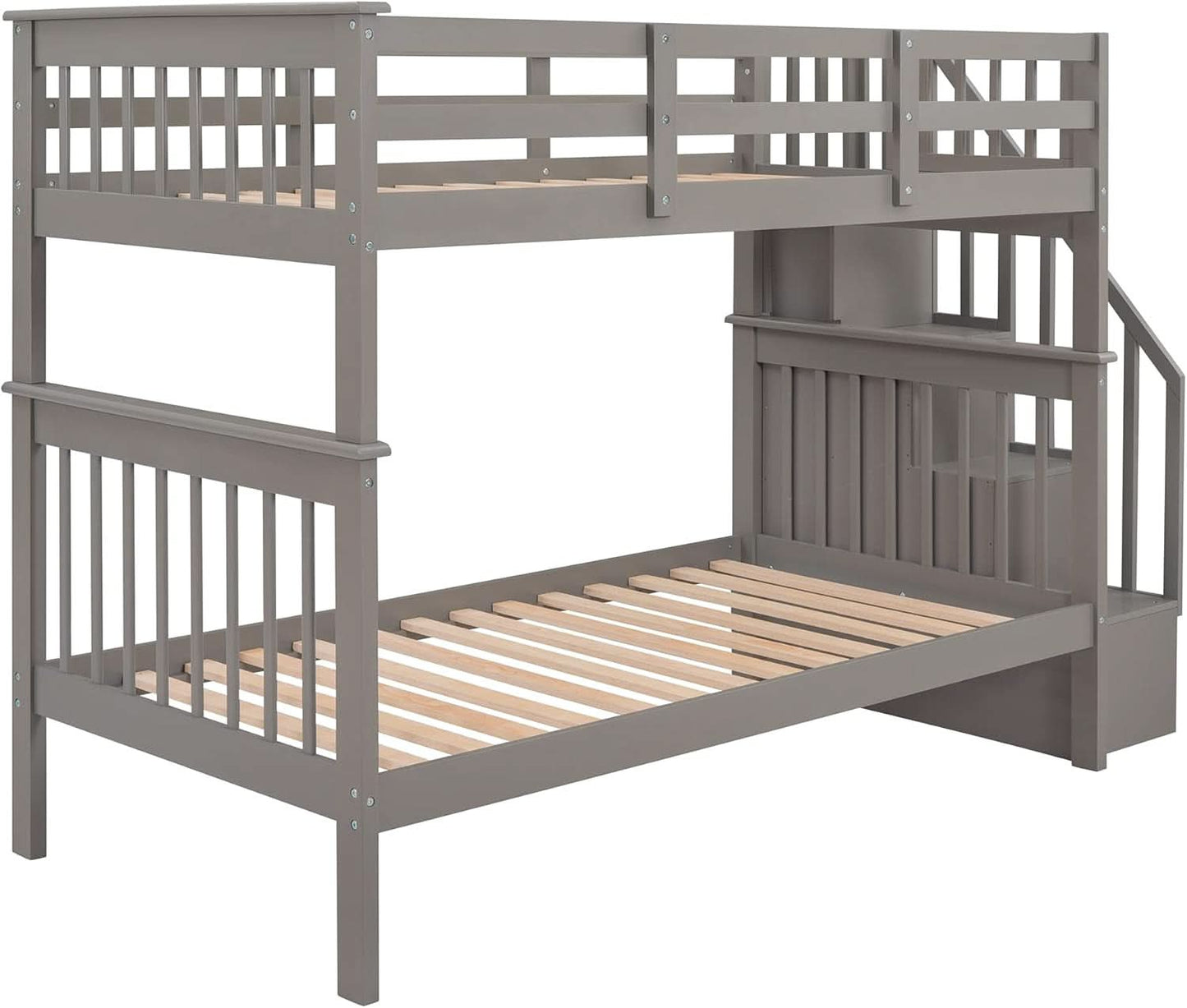 Twin Over Twin Bunk Beds With Stairs Grey For Kids Dorm