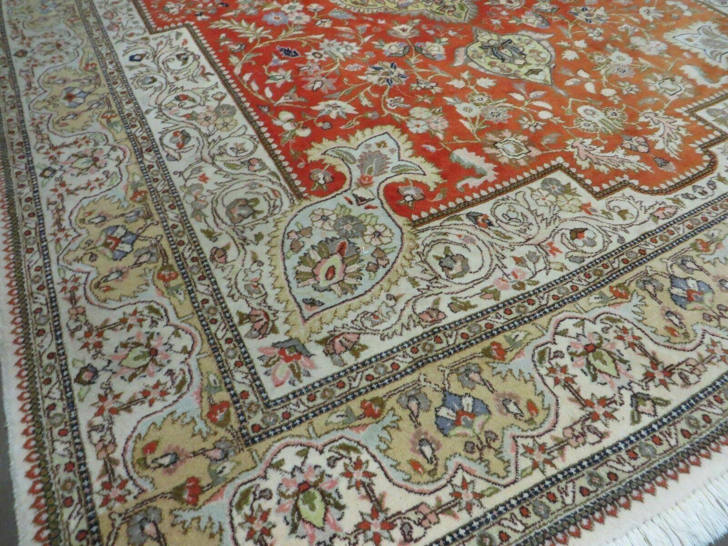 Vintage Persian Tabriz Rug 9x12, Tabatabaie Rug 9x12 Carpet, Handmade Hand Knotted Wool Area Rug, Tomato Red Beige, Medallion Rug, Floral