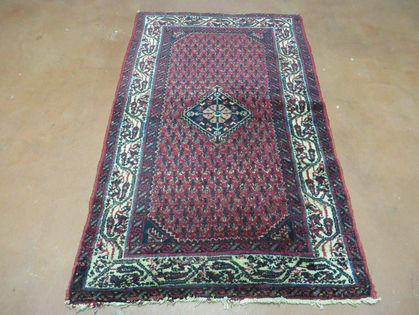 2.5' X 4' Vintage Handmade Indian Amritsar Wool Rug Paisley Design Red