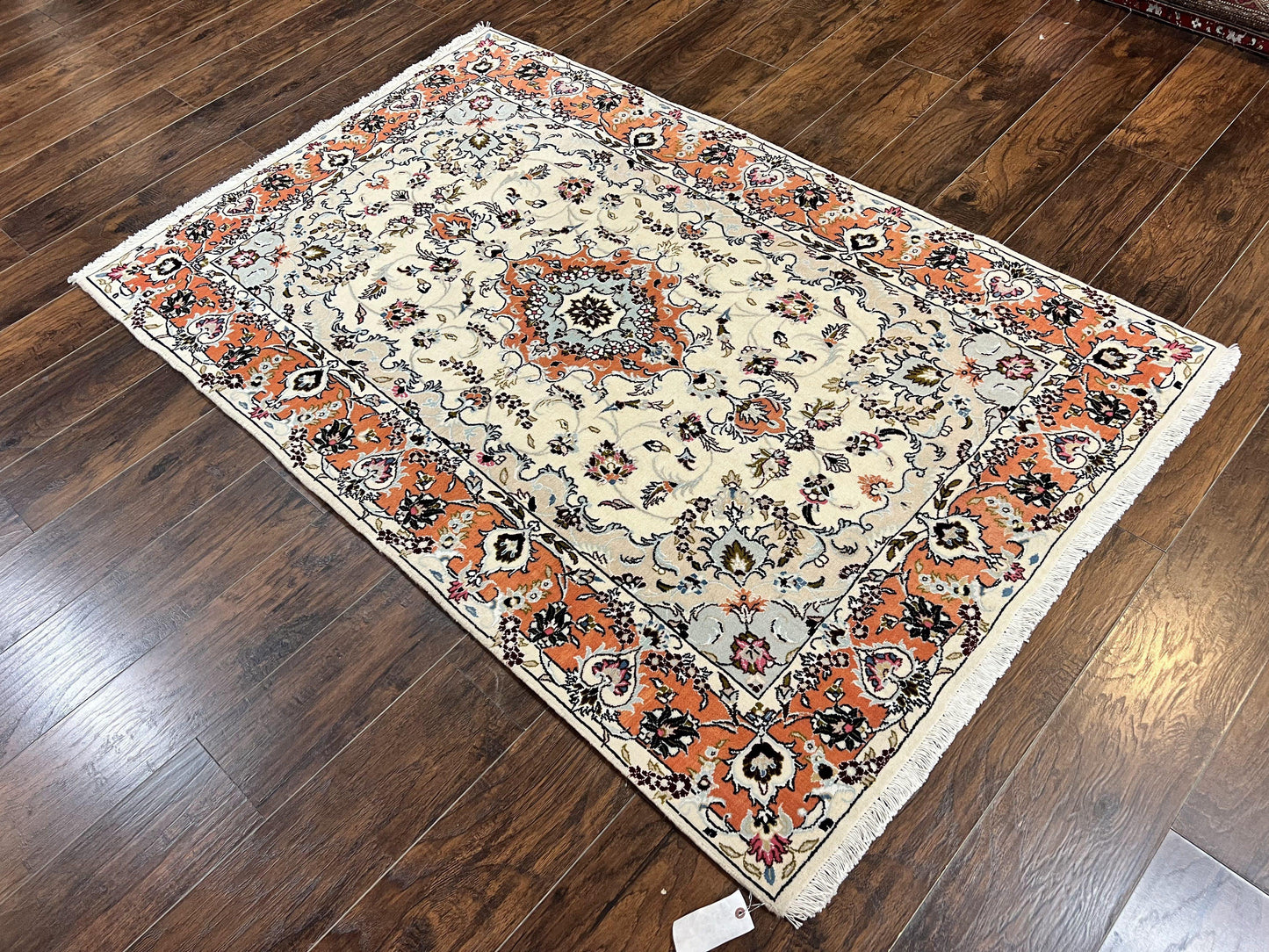 Persian Tabriz Rug 4.5 x 6.8, Finely Hand Knotted Wool with Silk Highlights Vintage Oriental Carpet, Cream and Salmon, High KPSI, Floral Medallion