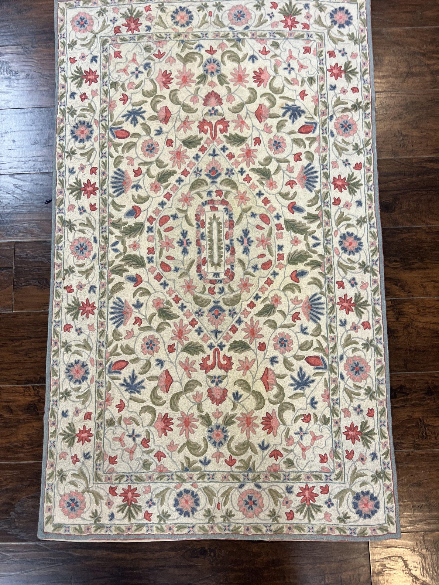 Hand Stitched Indian Rug 4x5, Floral, Vintage Hand Embroidered Rug