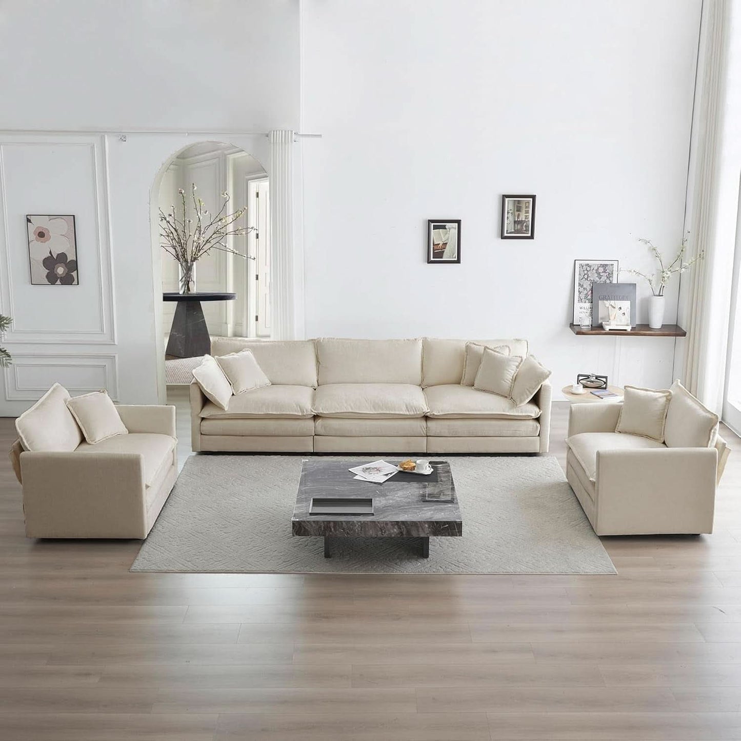 Light Coffee Chenille 3 Piece Sofa Set With Two Singles