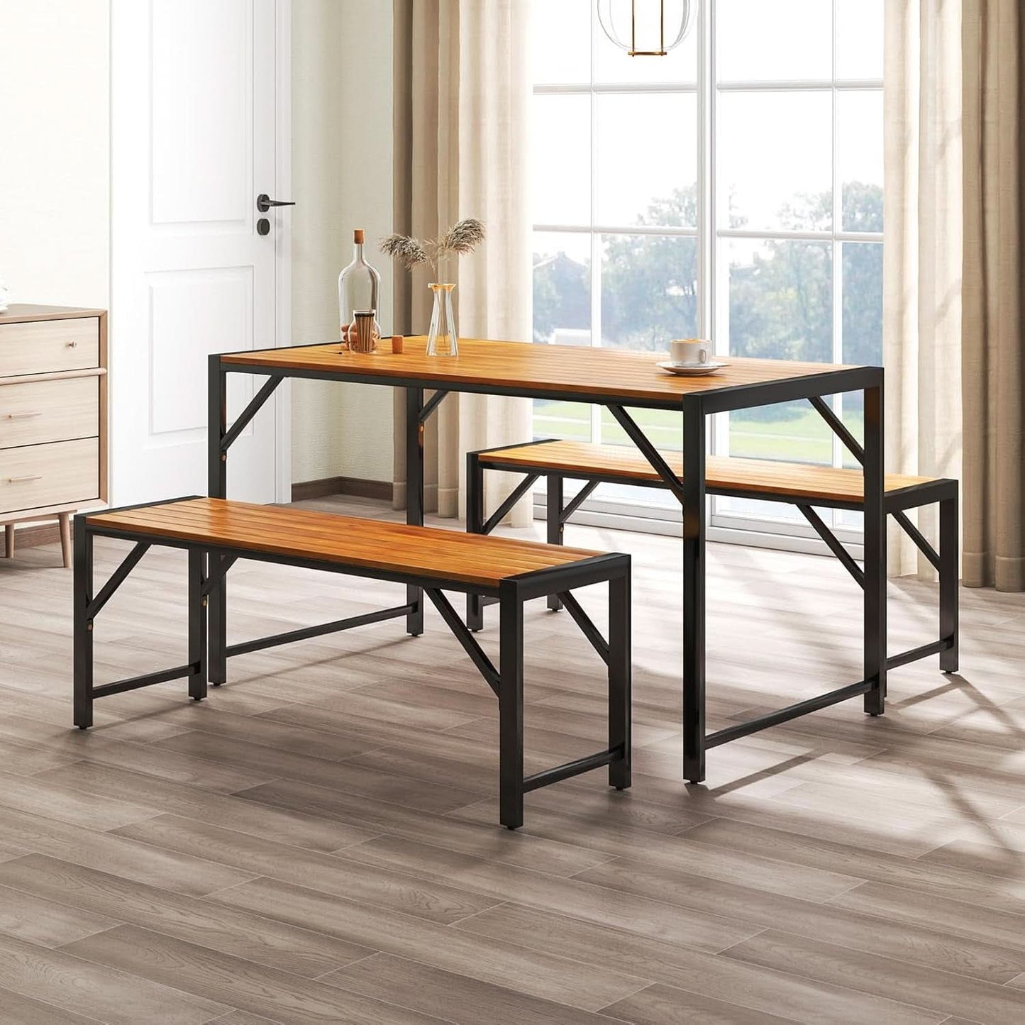 3 Piece Patio Dining Set For Six With 53 Inch Acacia Wood Table And Space Saving Benches