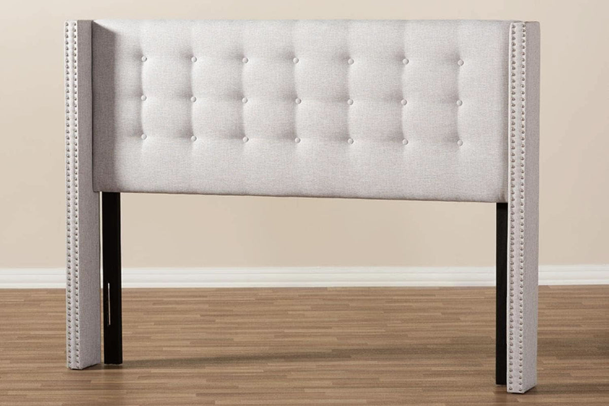 Modern Greyish Beige Winged Tufted Fabric Queen Headboard