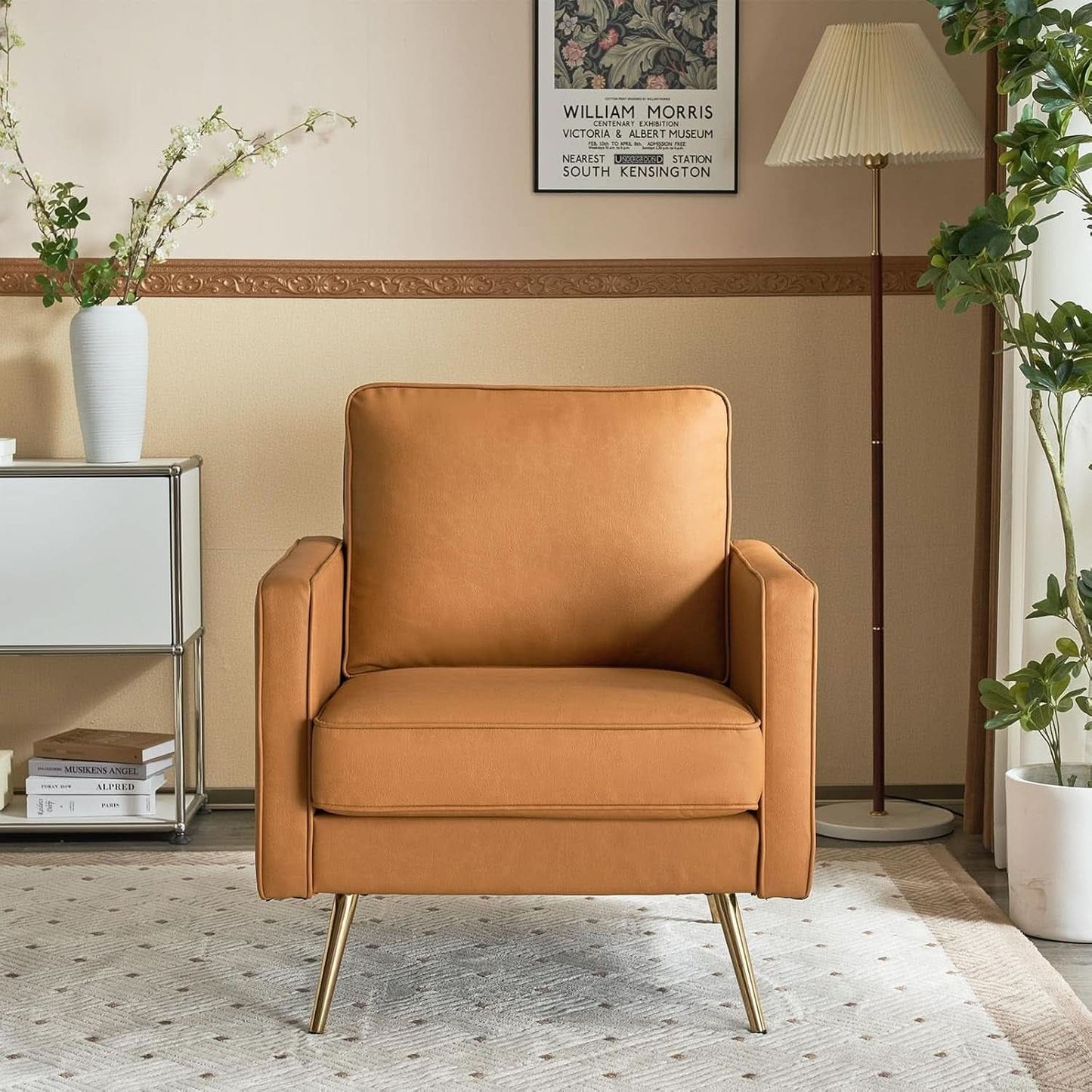 Brown PU Leather Accent Chairs Set Of 2 With Gold Legs