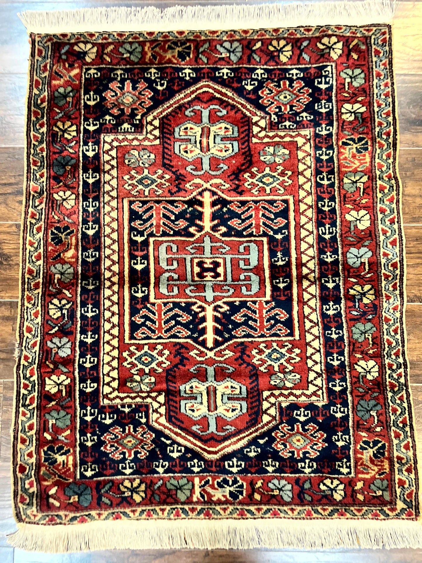 Antique Turkish Sparta Rug 3x4, Geometric Caucasian Pattern, Vintage Handmade Tribal Wool Carpet