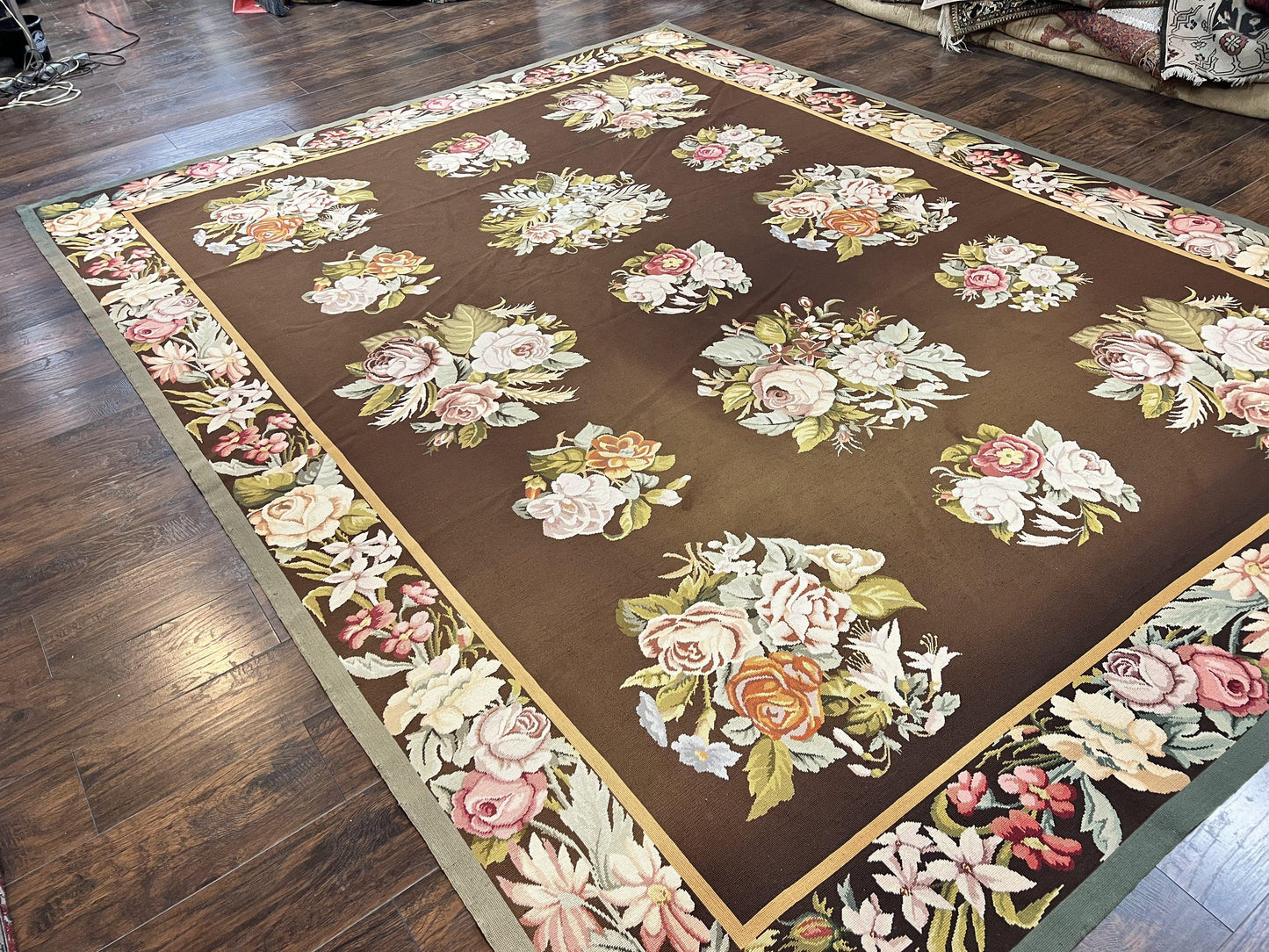 Vintage Needlepoint Rug 9x12, Large Handmade Hand-woven Needlepoint Carpet, Brown Area Rug, Floral Bouquets, Wool Rug, European Design