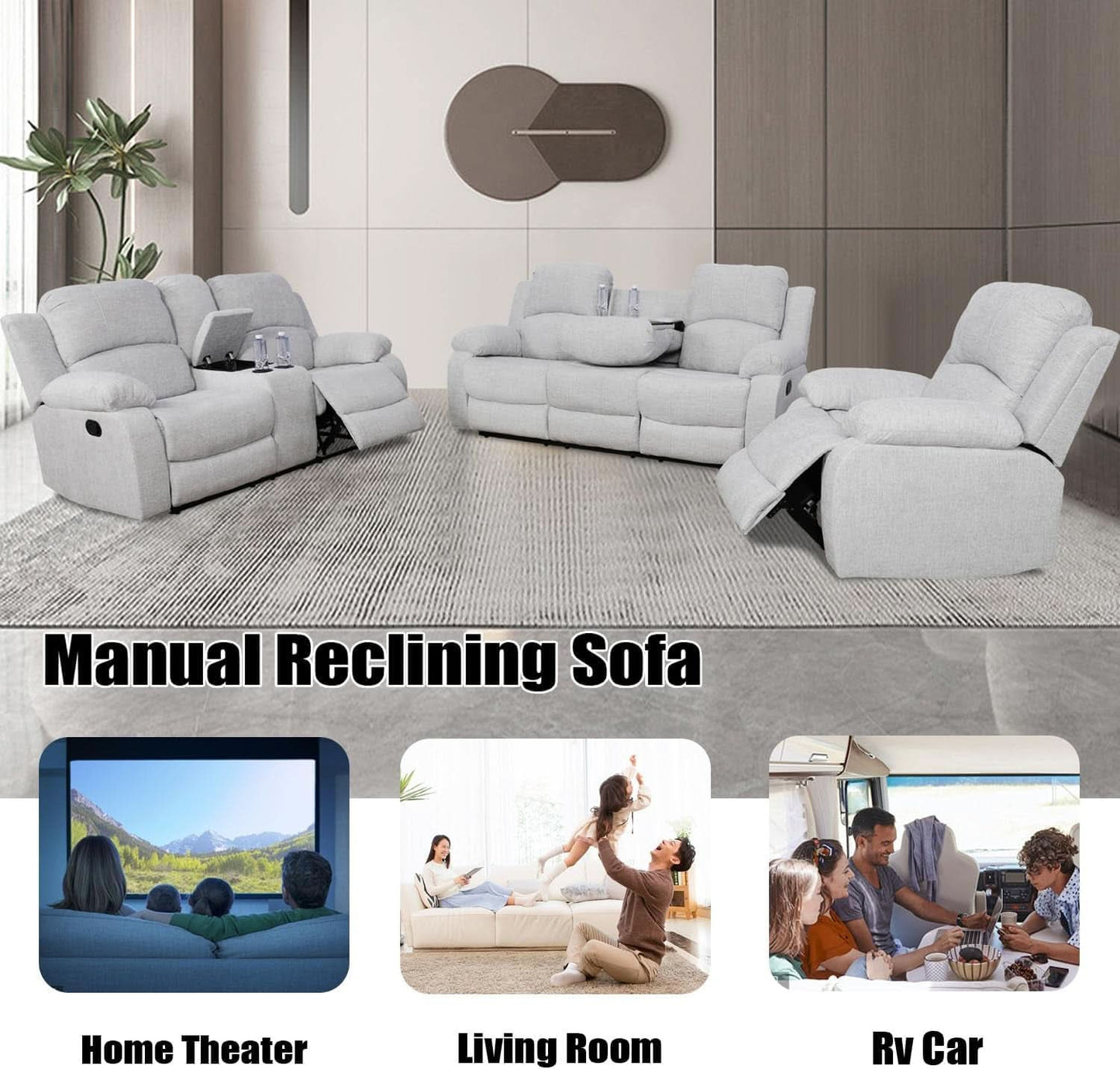 Grey Linen Recliner Sofa Set Featuring Drop Down Table