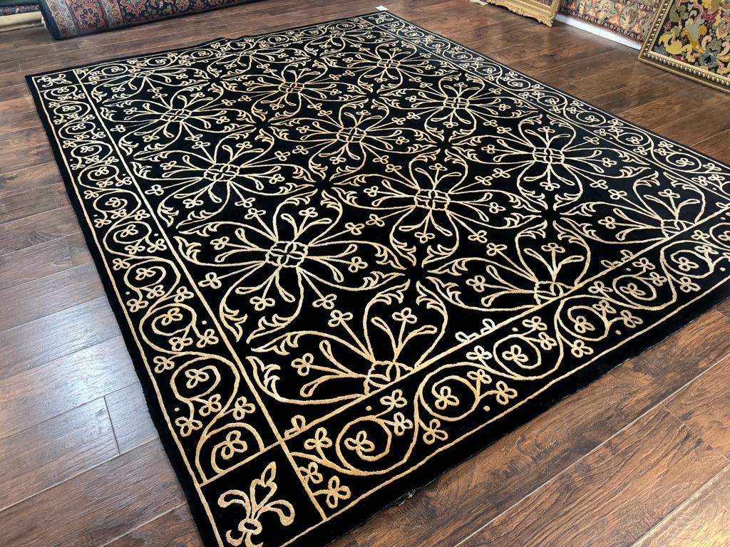 Tibetan Rug 8x10, Wool and Silk, Raised Pattern, Black and Gold, Floral