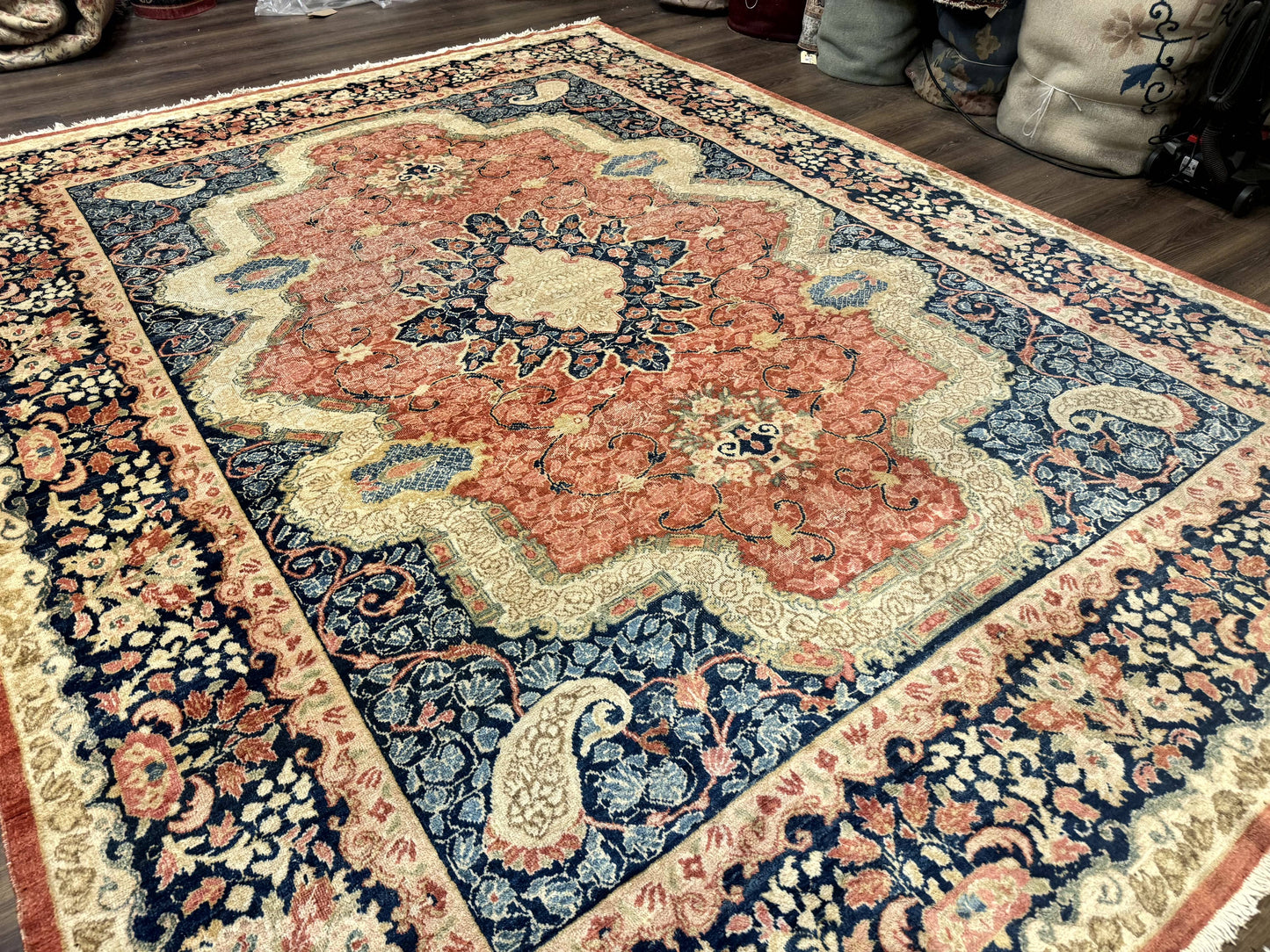Antique Persian Sarouk Rug 9x12, Boteh Paisleys, Light Red Navy Blue