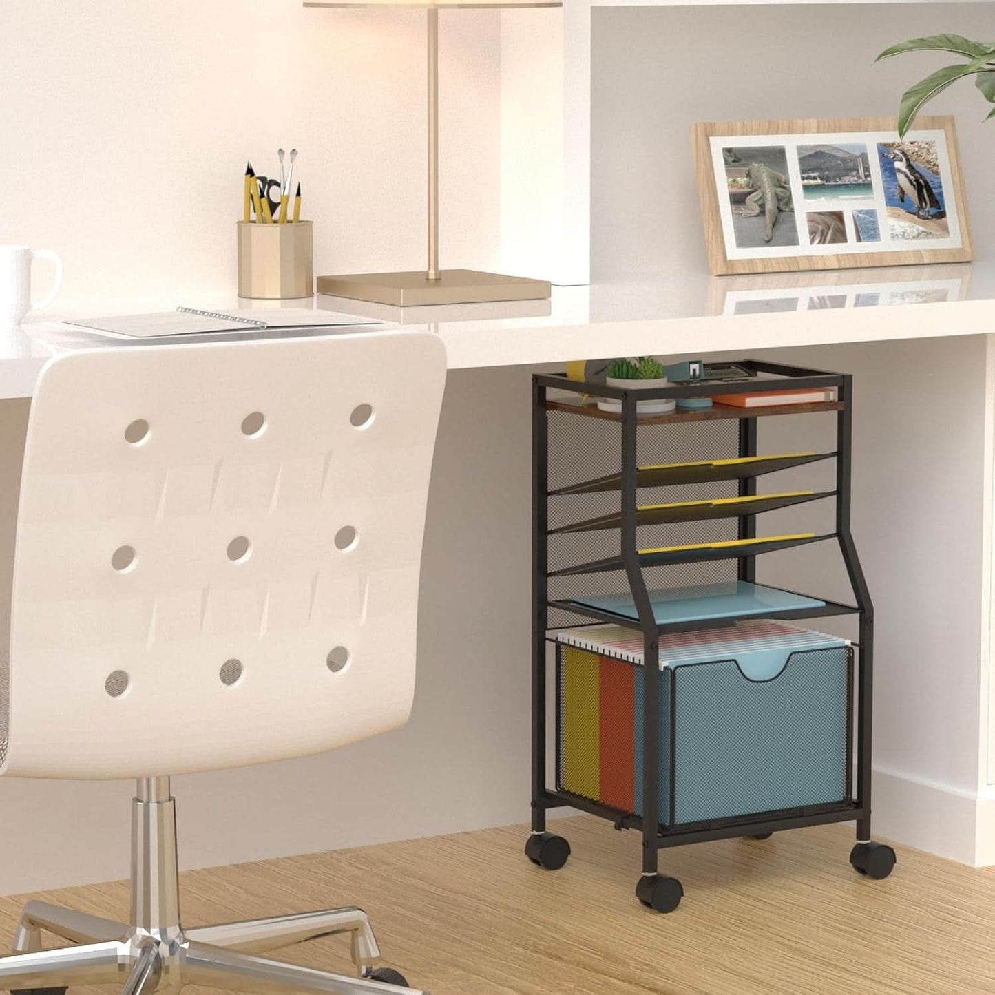 Brown Wood 6 Tier Rolling File Cart With Lockable Wheels